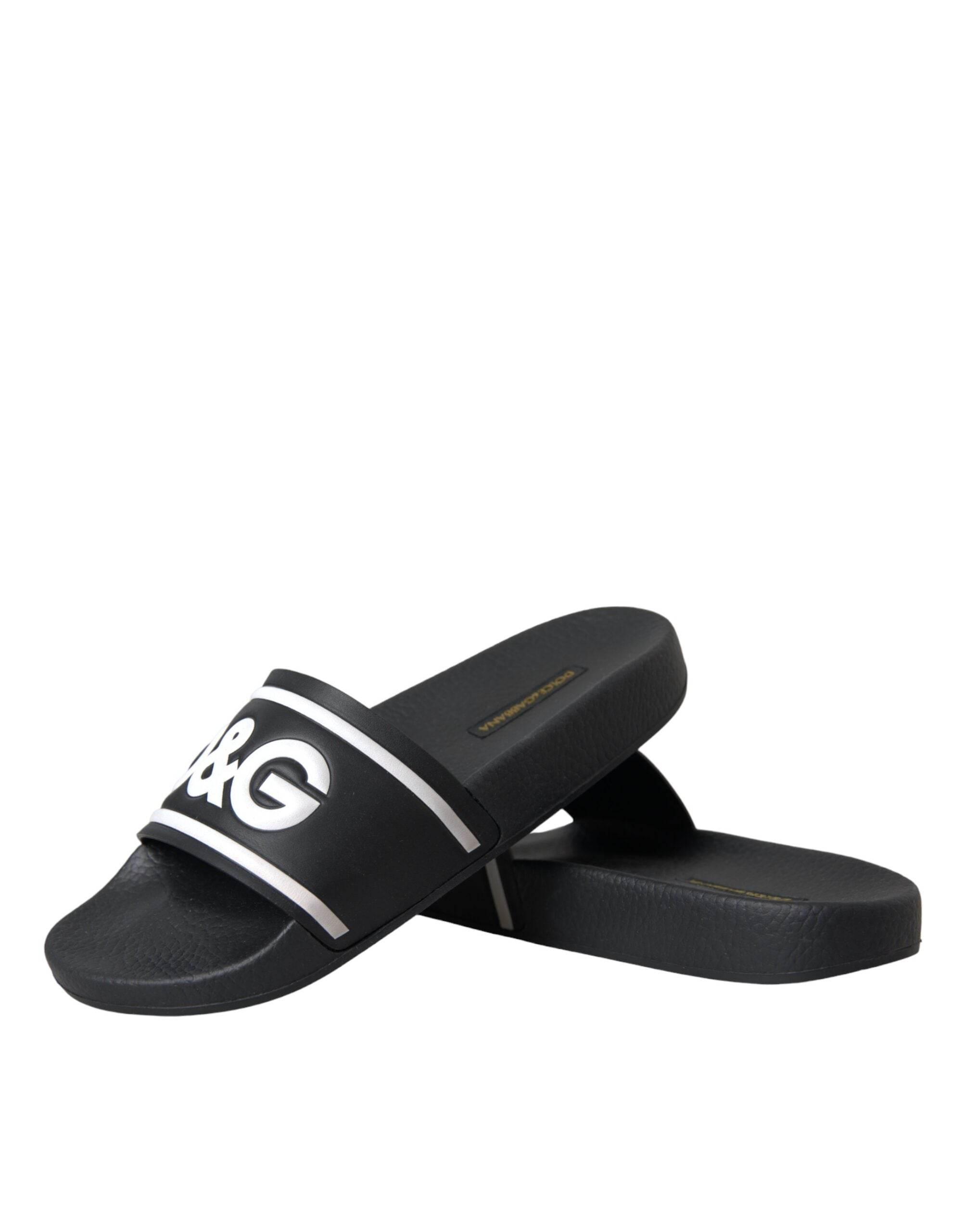Dolce & Gabbana Black Leather I Love D&G Sandals Slides Shoes - Hilstor