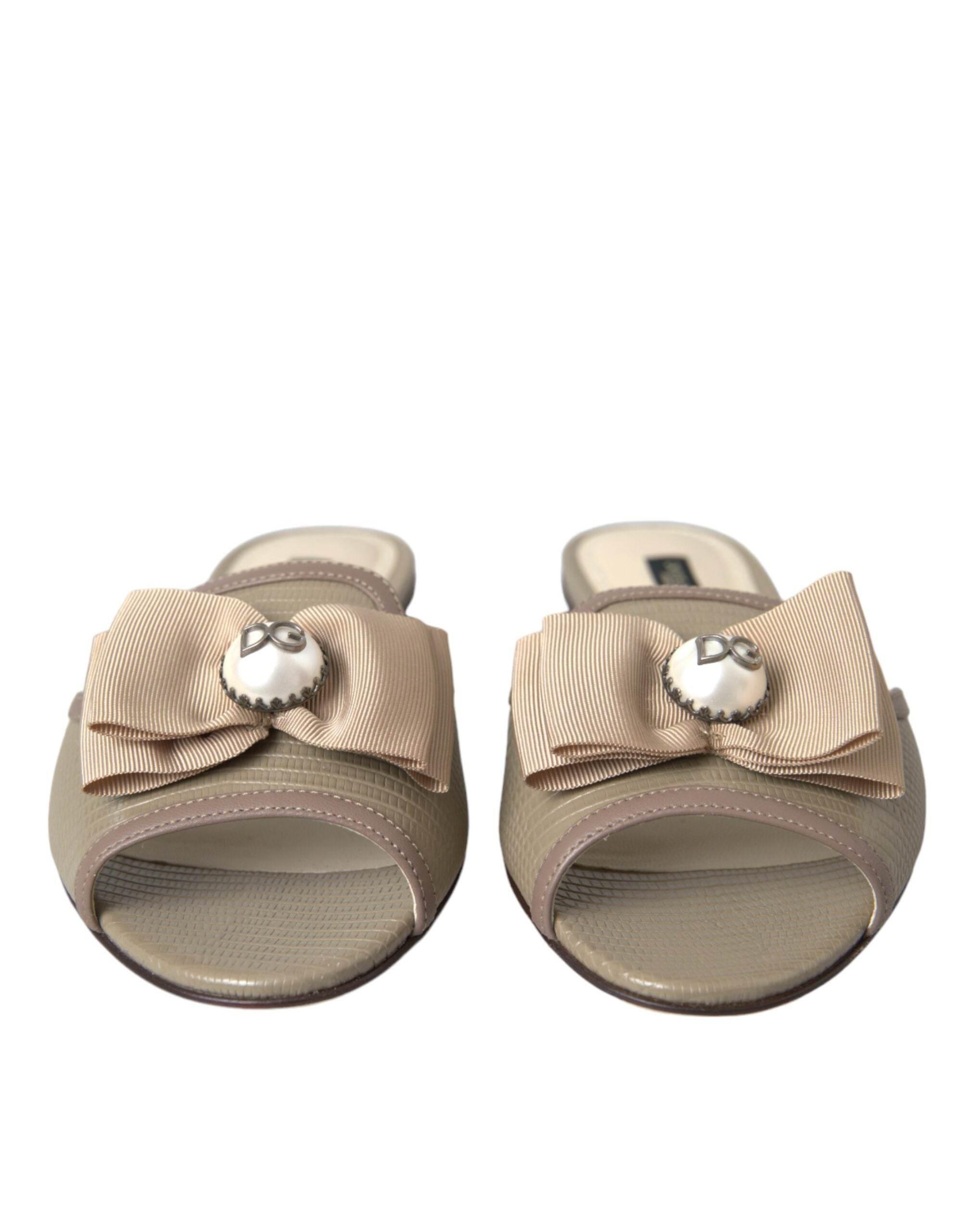 Dolce & Gabbana Beige Logo Pearl Flats Sandals Slides Shoes - Hilstor