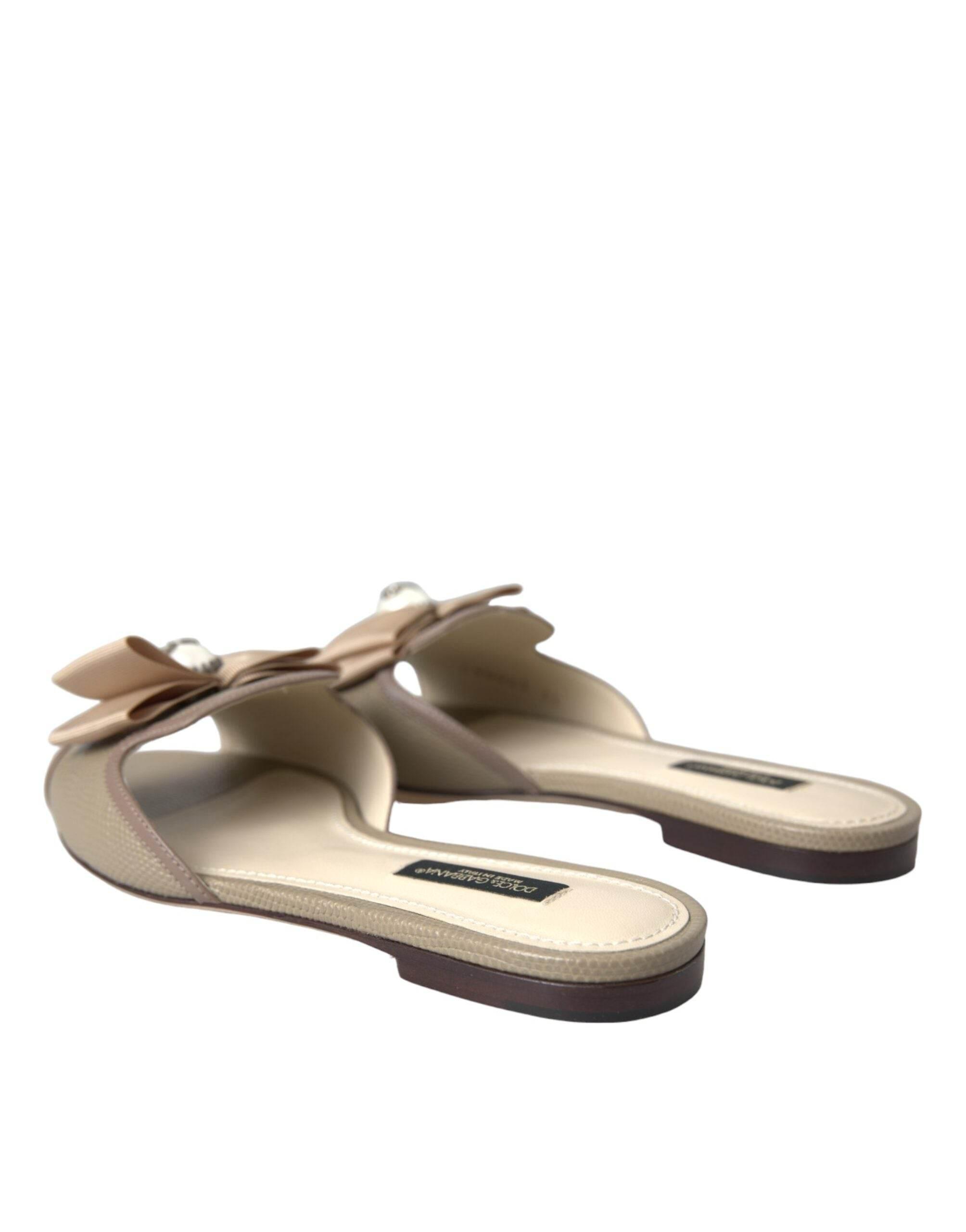 Dolce & Gabbana Beige Logo Pearl Flats Sandals Slides Shoes - Hilstor
