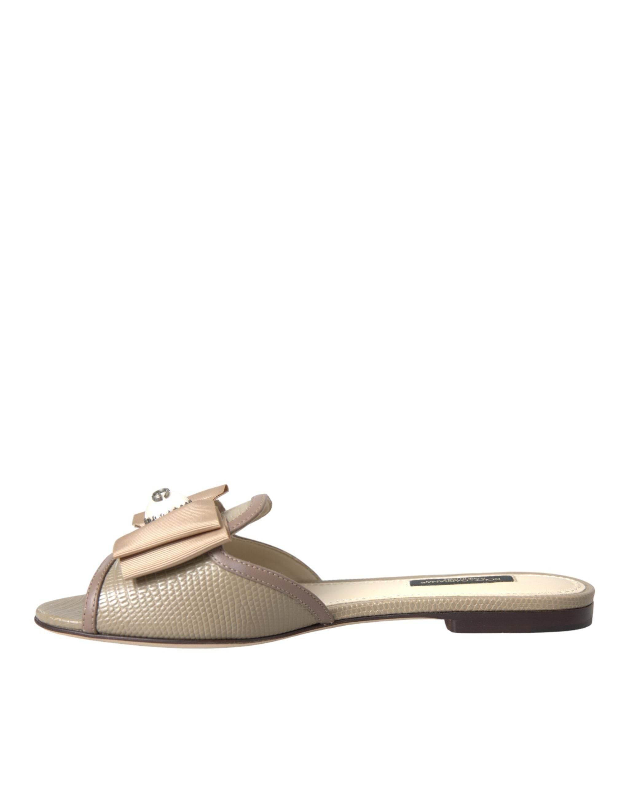 Dolce & Gabbana Beige Logo Pearl Flats Sandals Slides Shoes - Hilstor