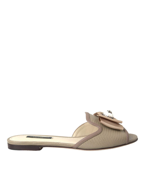 Dolce & Gabbana Beige Logo Pearl Flats Sandals Slides Shoes - Hilstor