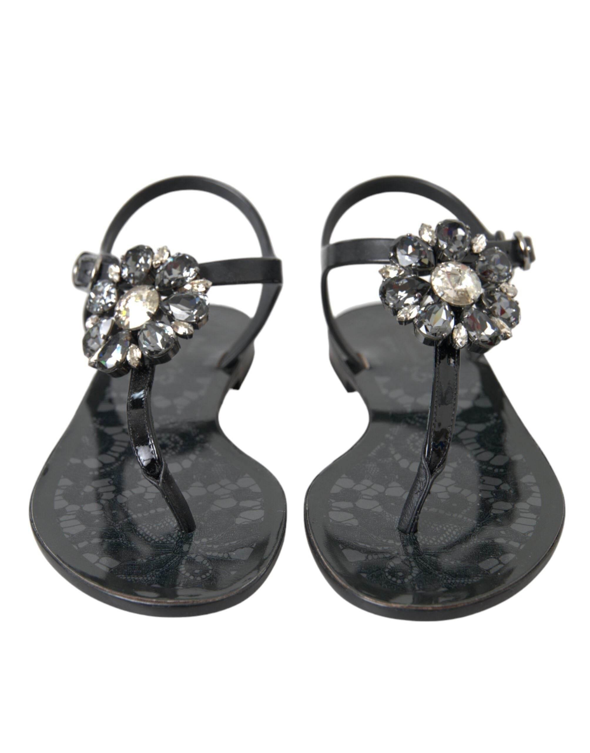 Dolce & Gabbana Black Crystal Flats Sandals Flip Flops Shoes - Hilstor