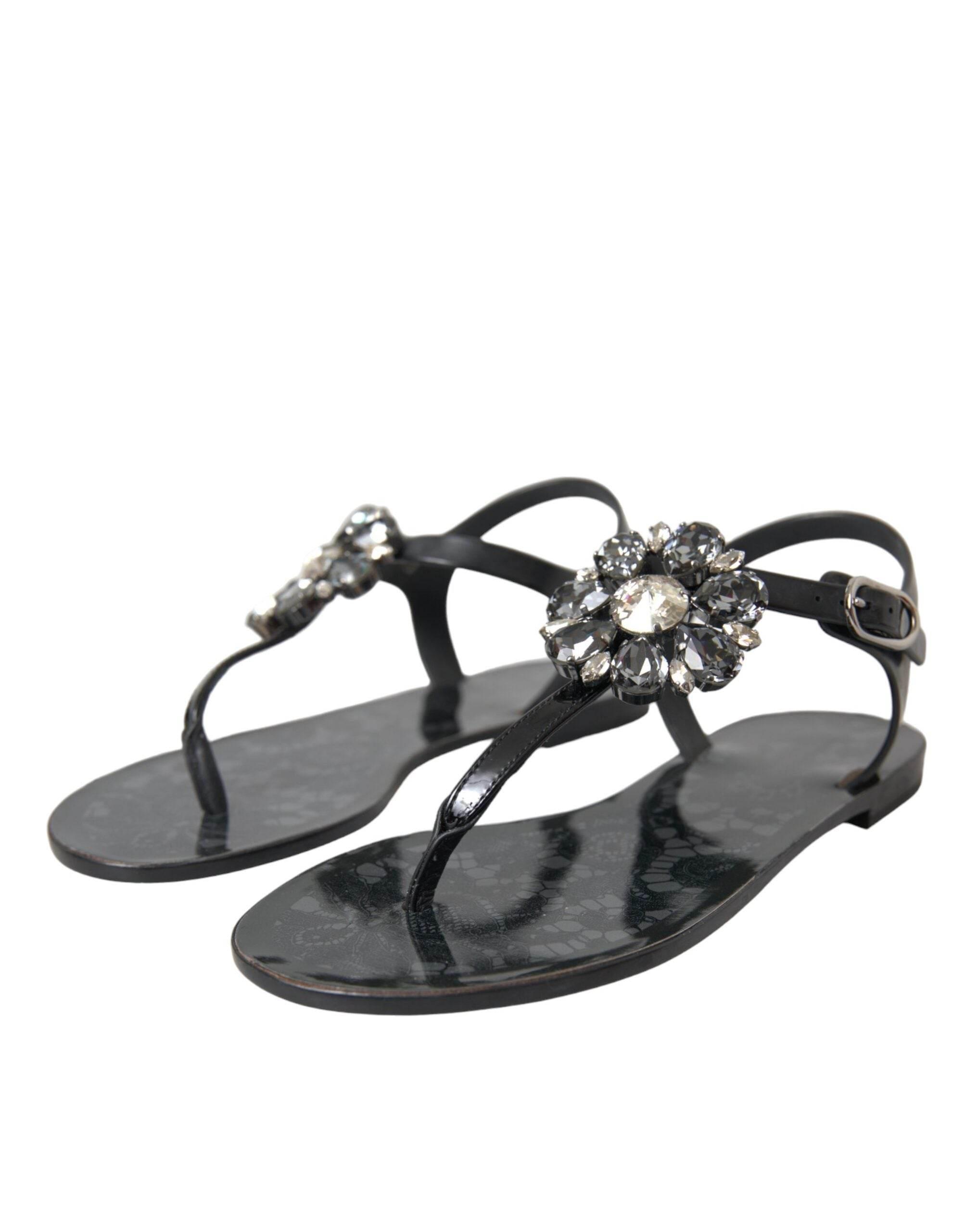 Dolce & Gabbana Black Crystal Flats Sandals Flip Flops Shoes - Hilstor
