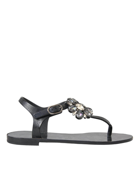 Dolce & Gabbana Black Crystal Flats Sandals Flip Flops Shoes - Hilstor