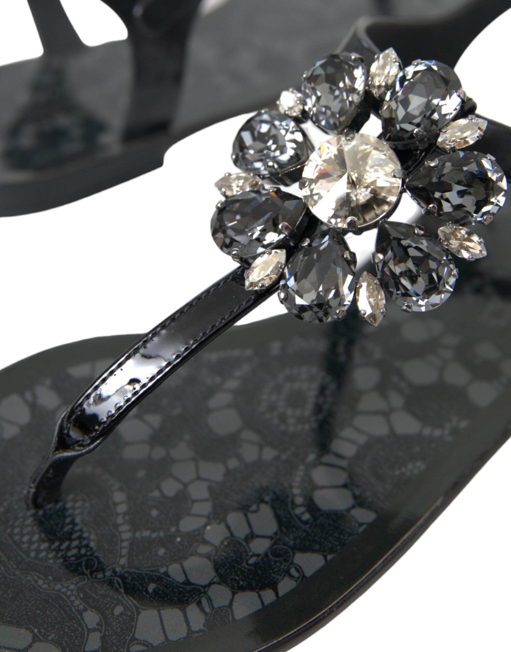 Dolce & Gabbana Black Crystal Flats Sandals Flip Flops Shoes - Hilstor