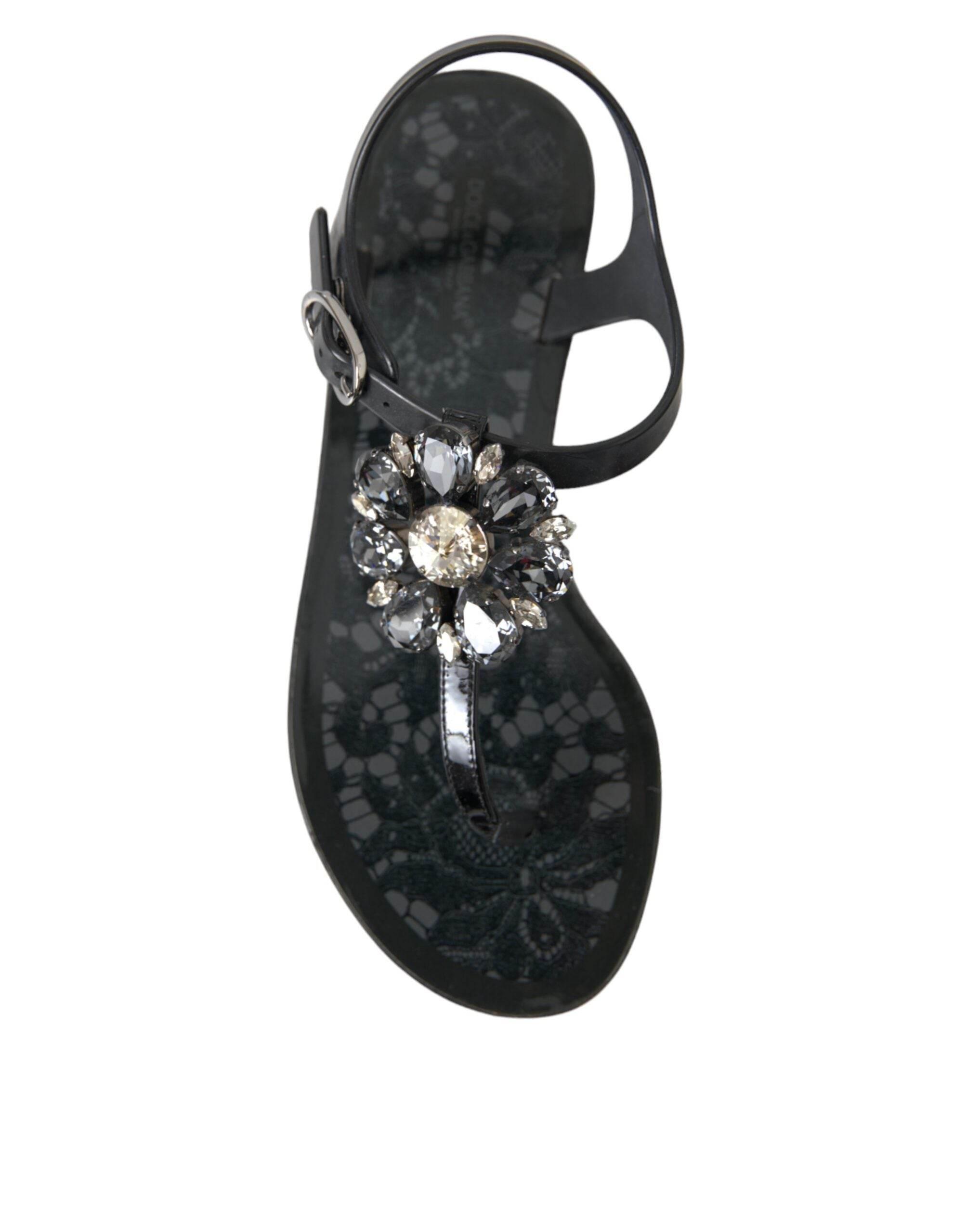 Dolce & Gabbana Black Crystal Flats Sandals Flip Flops Shoes - Hilstor