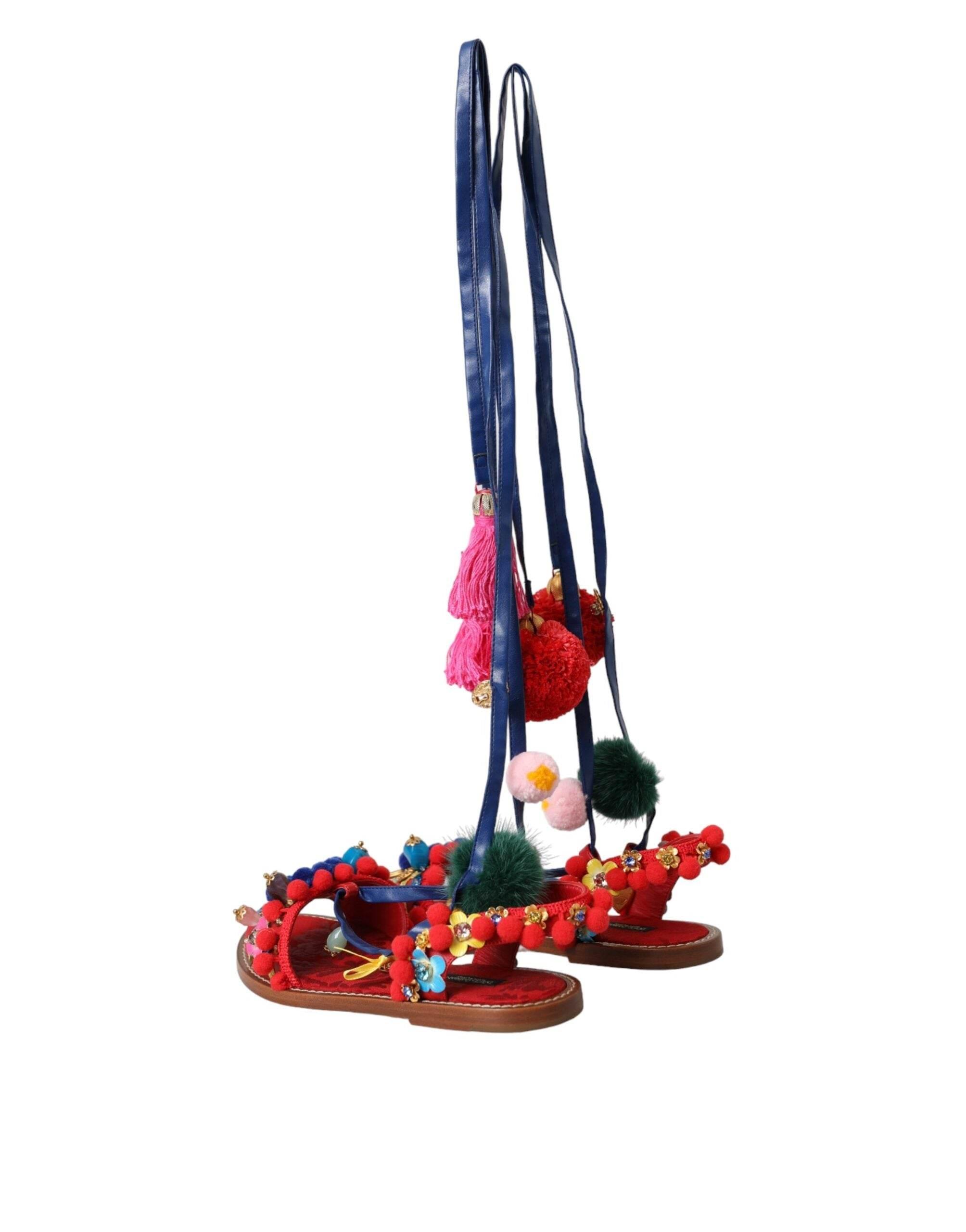 Dolce & Gabbana Multicolor Pom Pom Fur Wrap Sandals Shoes - Hilstor