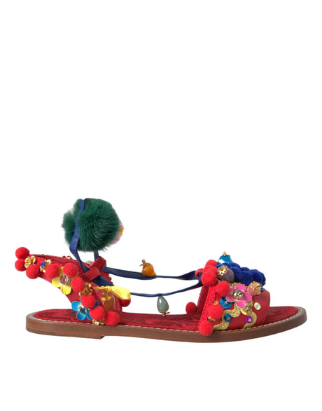 Dolce & Gabbana Multicolor Pom Pom Fur Wrap Sandals Shoes - Hilstor
