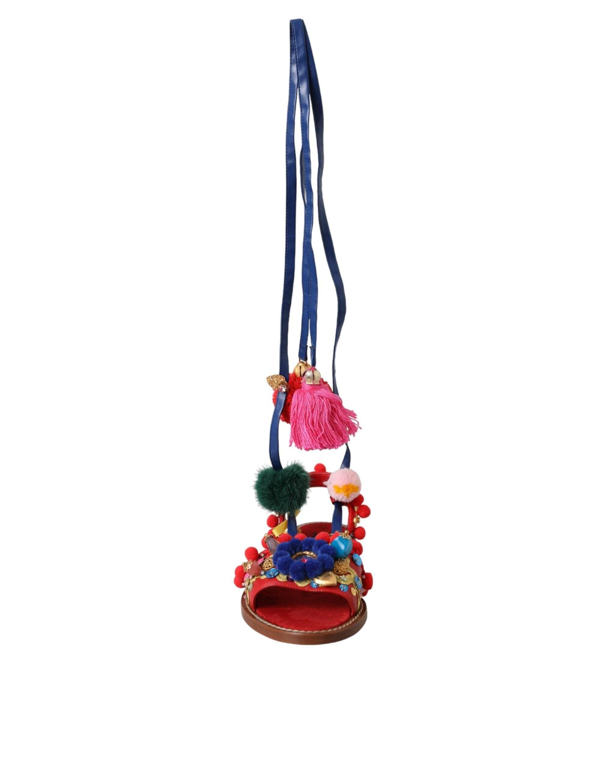 Dolce & Gabbana Multicolor Pom Pom Fur Wrap Sandals Shoes - Hilstor