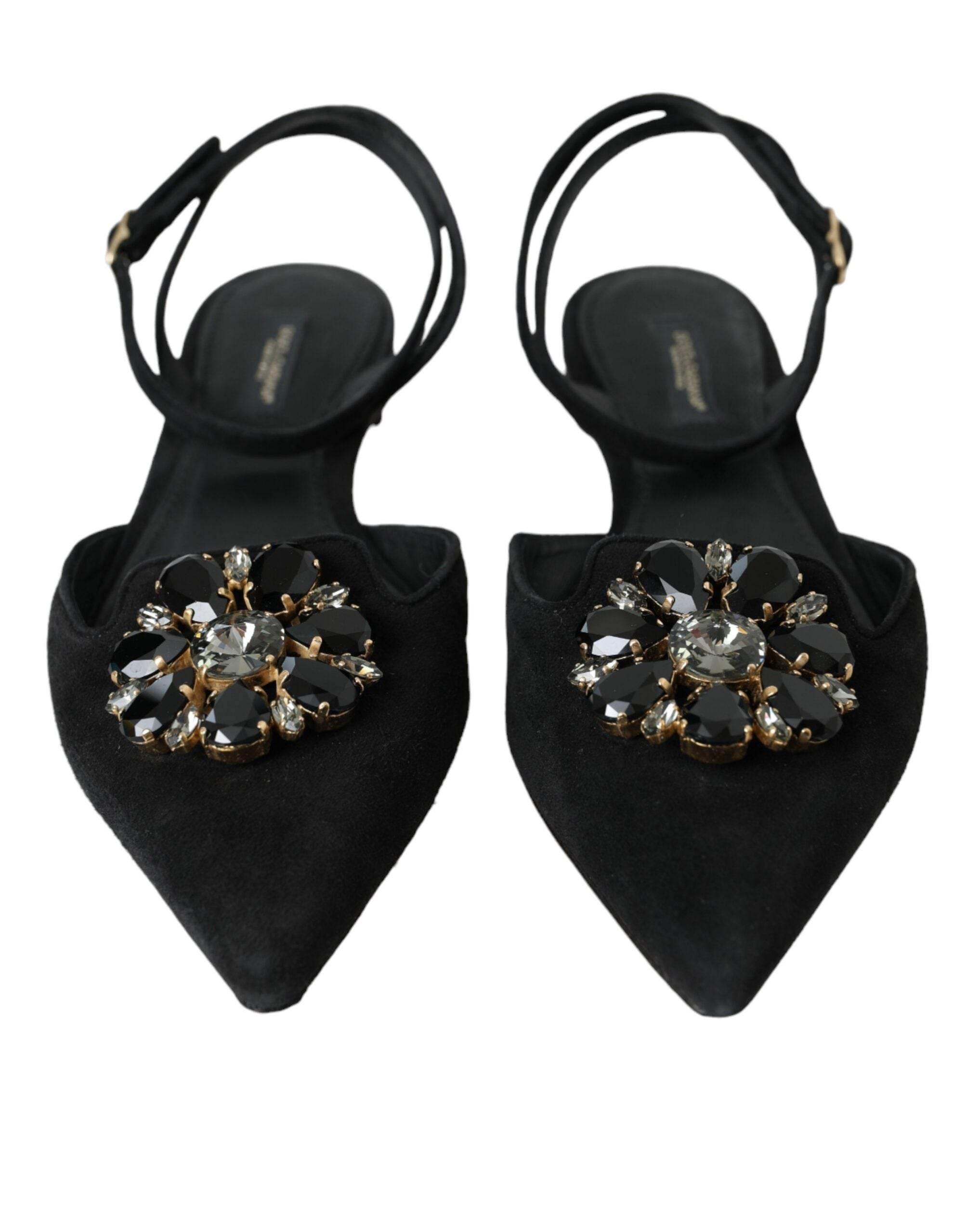 Dolce & Gabbana Black Leather Crystal Slingback Sandals Shoes - Hilstor