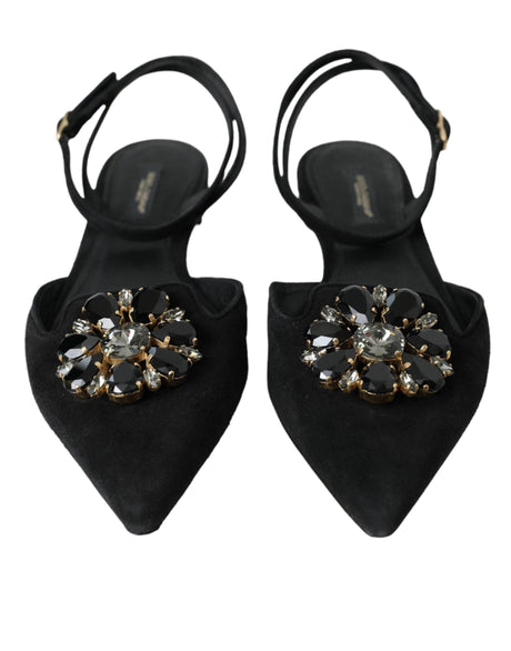 Dolce & Gabbana Black Leather Crystal Slingback Sandals Shoes - Hilstor