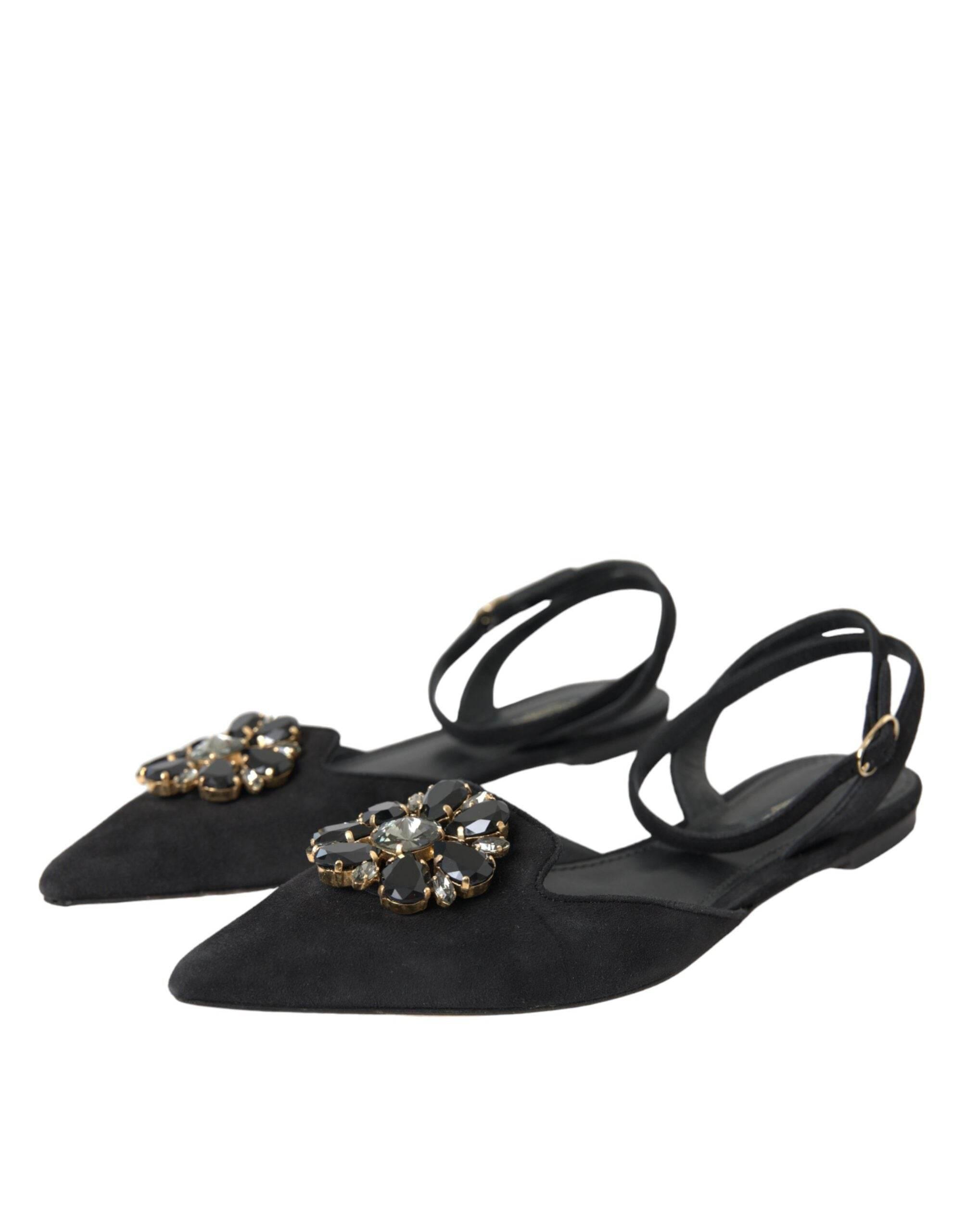 Dolce & Gabbana Black Leather Crystal Slingback Sandals Shoes - Hilstor