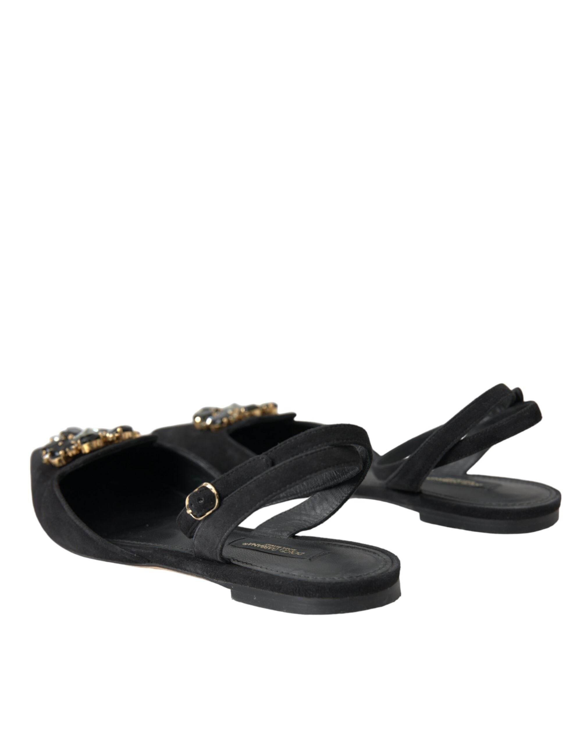 Dolce & Gabbana Black Leather Crystal Slingback Sandals Shoes - Hilstor