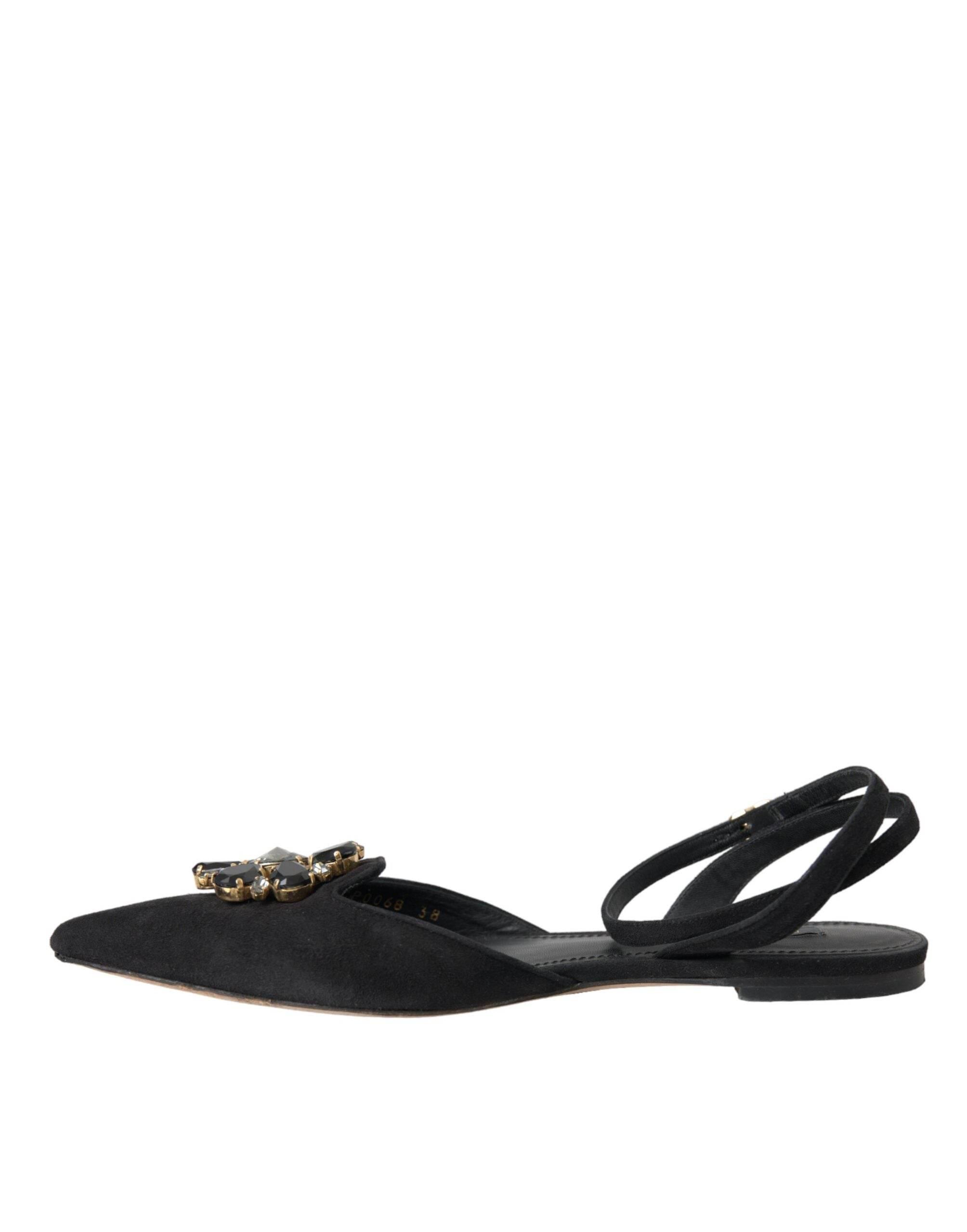 Dolce & Gabbana Black Leather Crystal Slingback Sandals Shoes - Hilstor