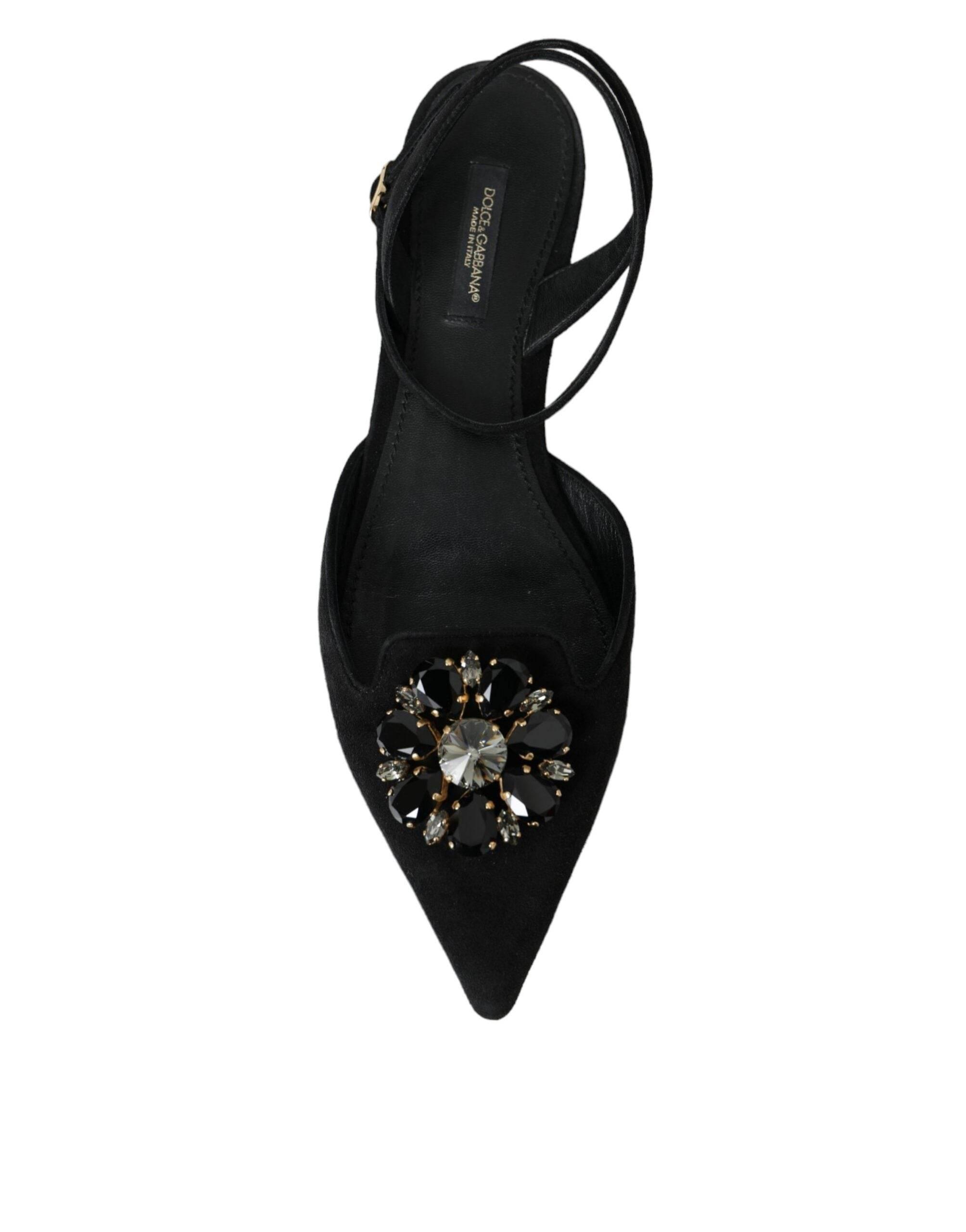 Dolce & Gabbana Black Leather Crystal Slingback Sandals Shoes - Hilstor