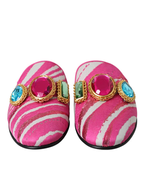 Dolce & Gabbana Pink Jacquard Crystal Mule Flat Sandals Shoes - Hilstor