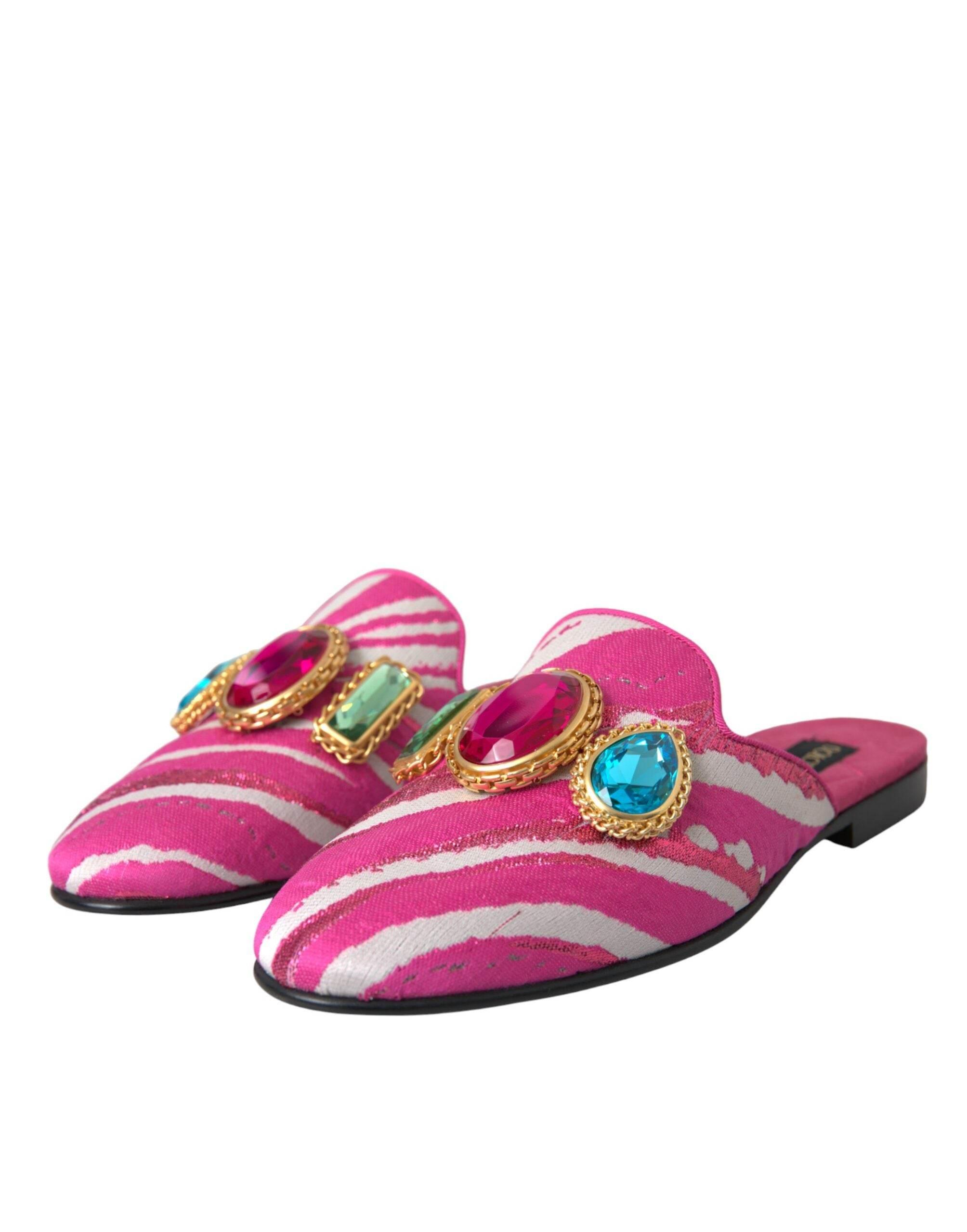 Dolce & Gabbana Pink Jacquard Crystal Mule Flat Sandals Shoes - Hilstor