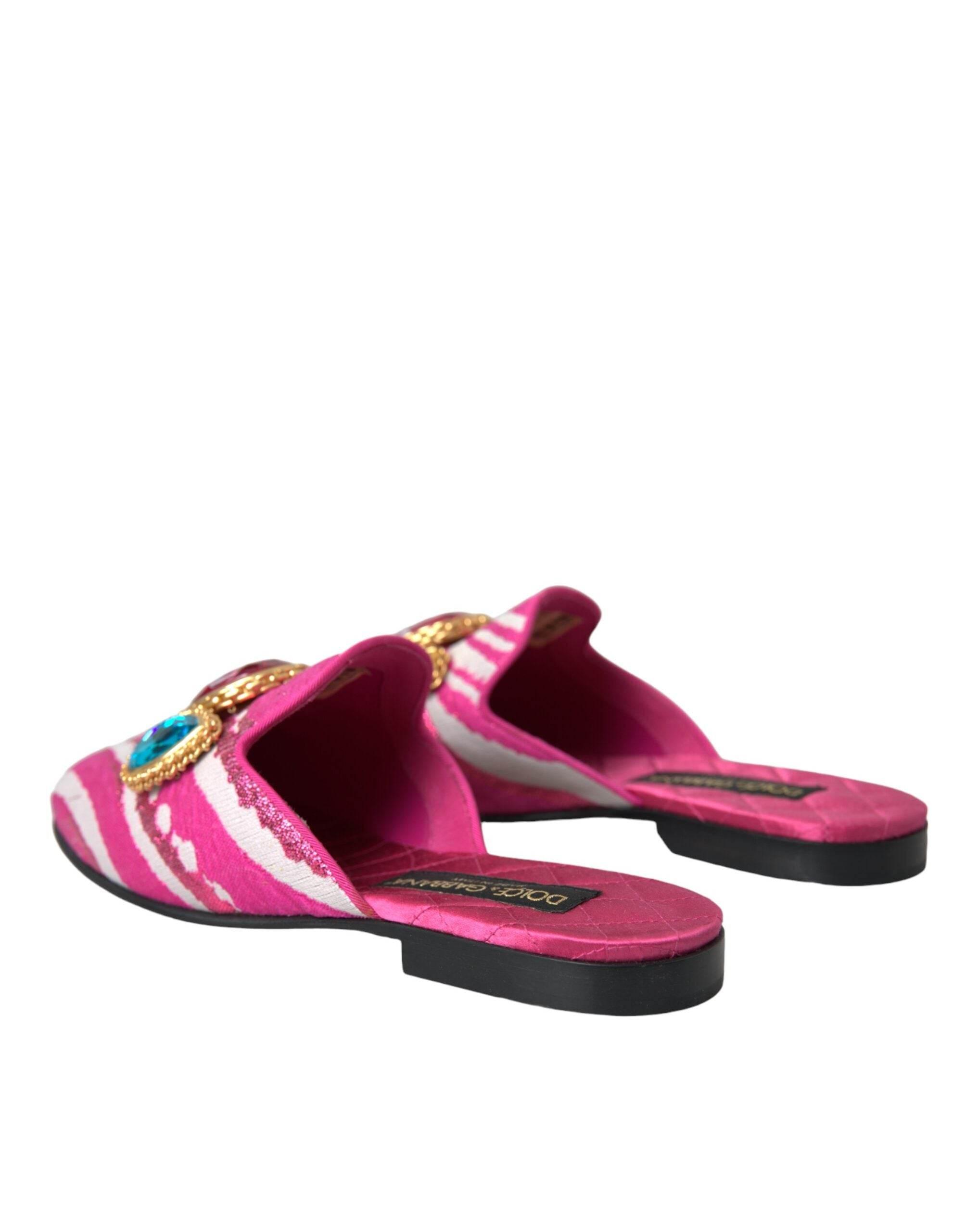 Dolce & Gabbana Pink Jacquard Crystal Mule Flat Sandals Shoes - Hilstor