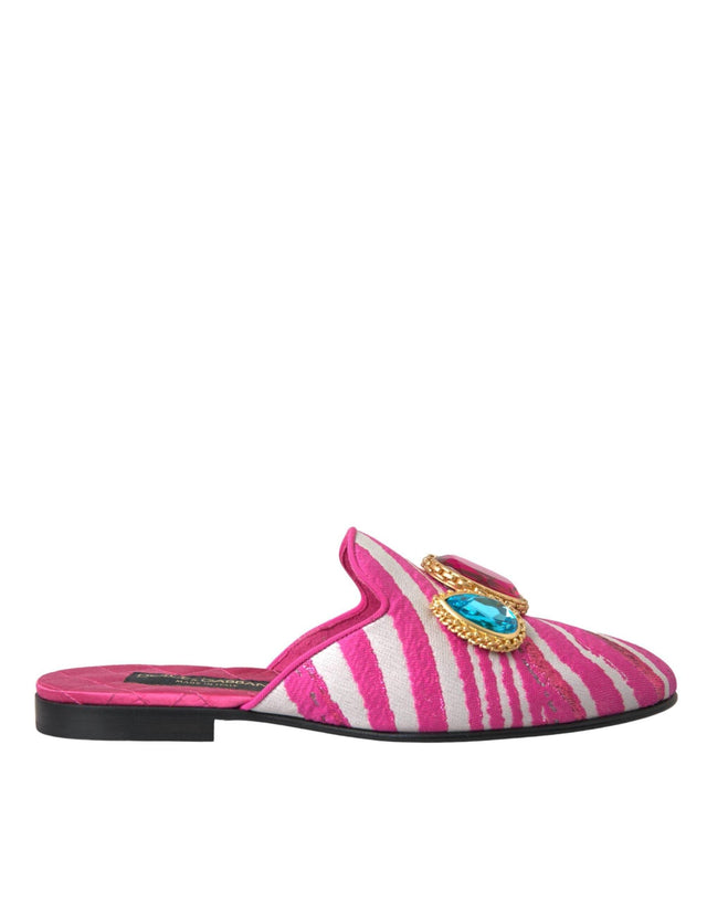 Dolce & Gabbana Pink Jacquard Crystal Mule Flat Sandals Shoes - Hilstor
