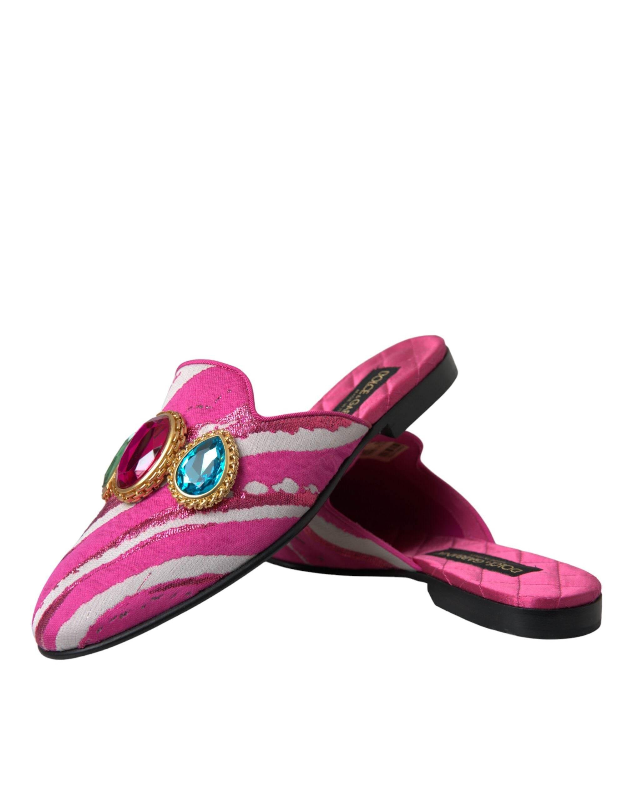 Dolce & Gabbana Pink Jacquard Crystal Mule Flat Sandals Shoes - Hilstor
