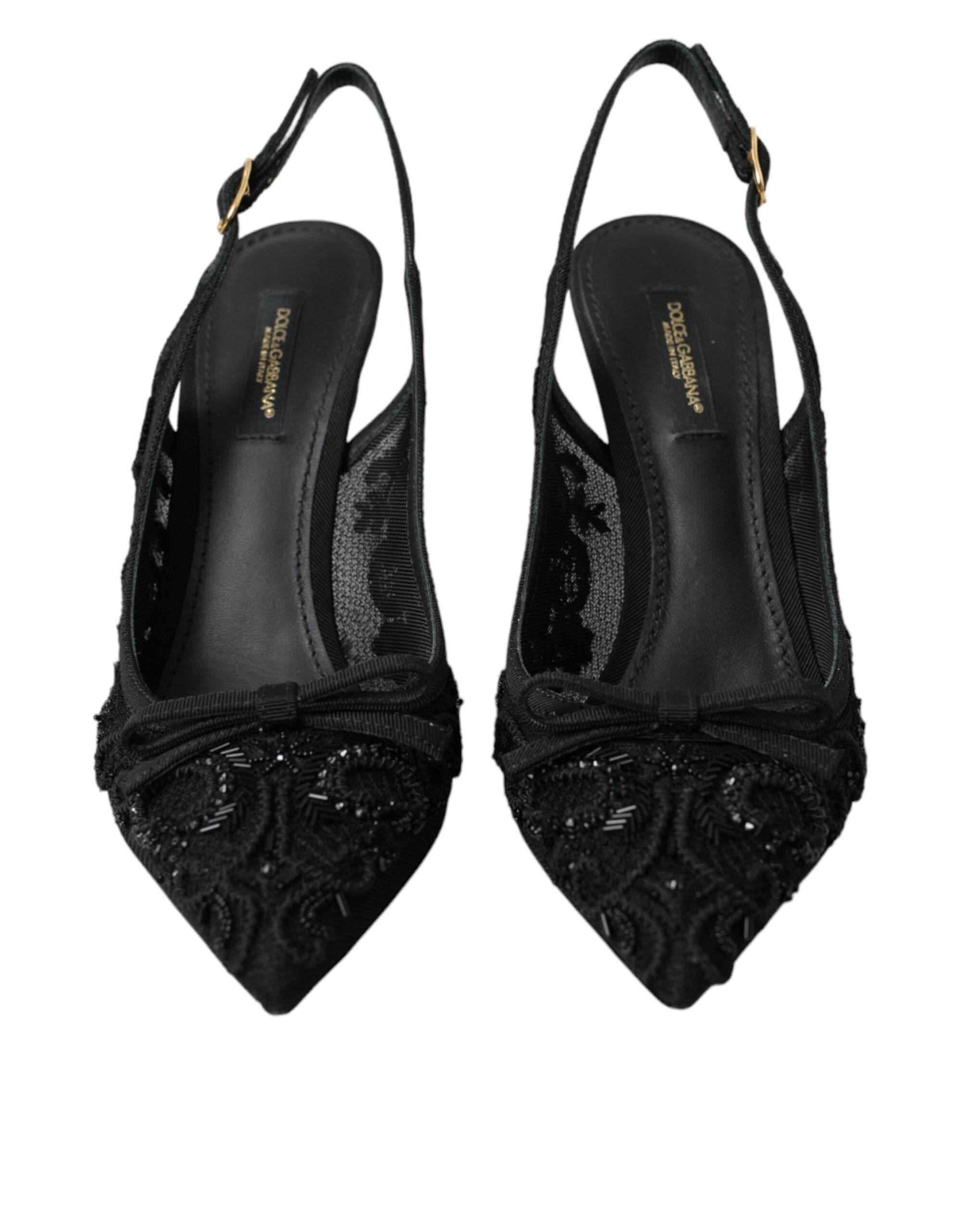 Dolce & Gabbana Black Tulle Ricamo Heels Slingbacks Shoes - Hilstor