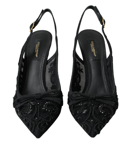 Dolce & Gabbana Black Tulle Ricamo Heels Slingbacks Shoes - Hilstor