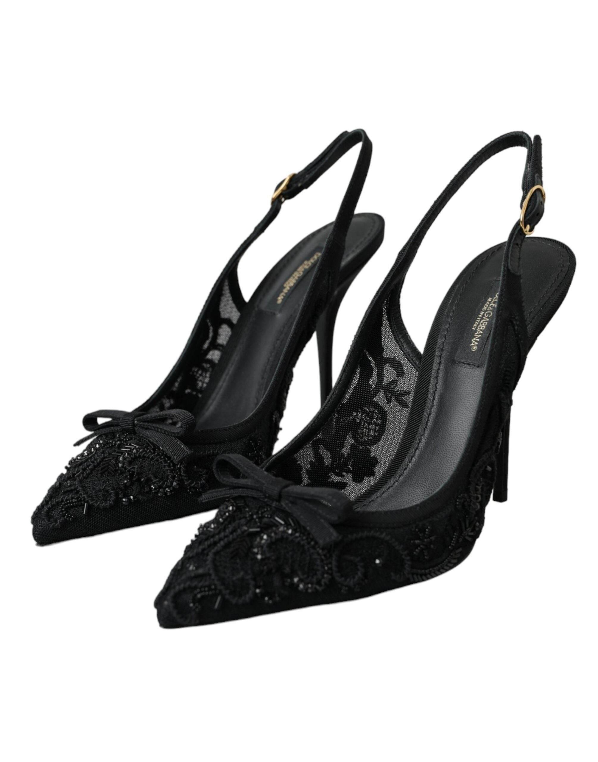 Dolce & Gabbana Black Tulle Ricamo Heels Slingbacks Shoes - Hilstor