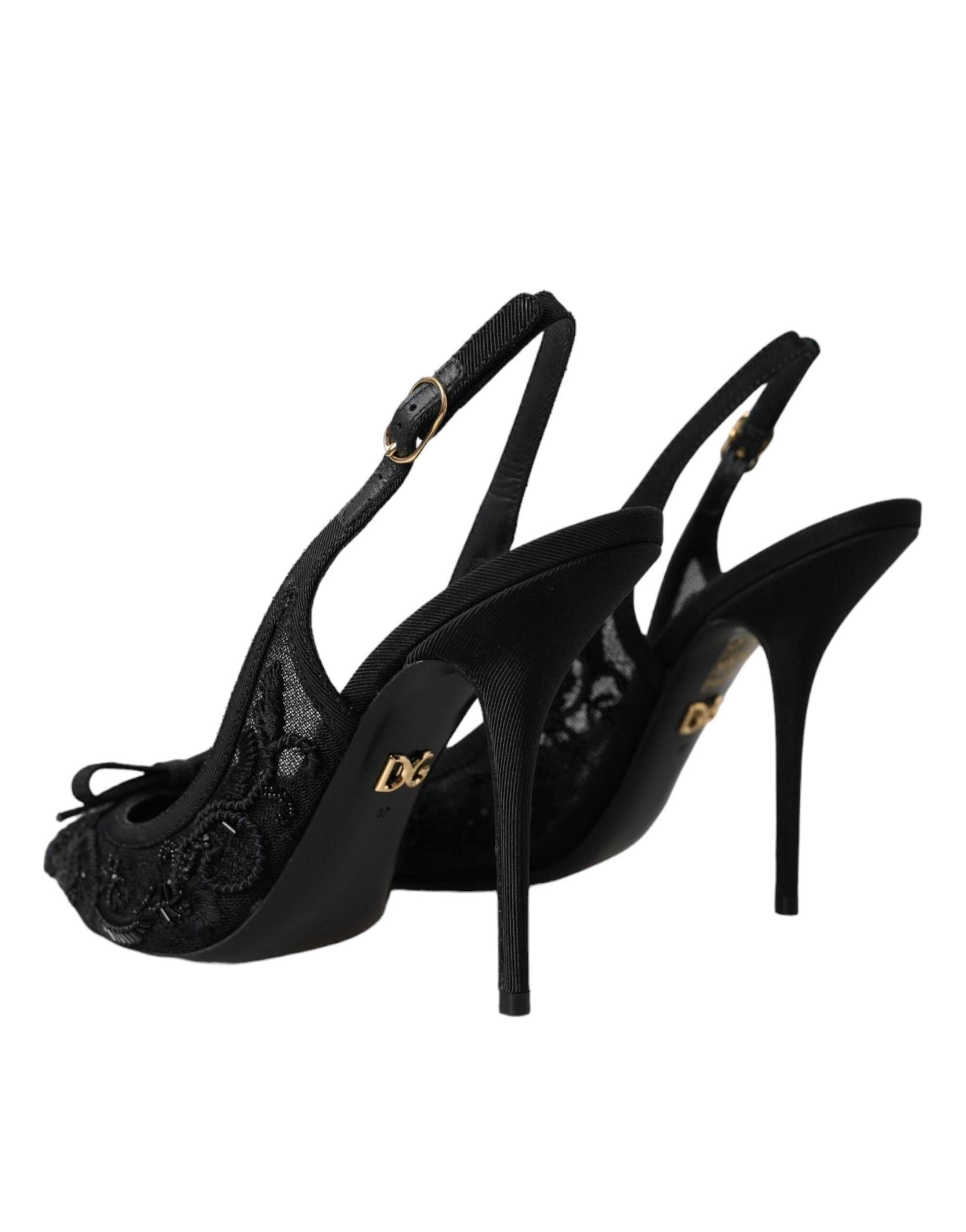 Dolce & Gabbana Black Tulle Ricamo Heels Slingbacks Shoes - Hilstor