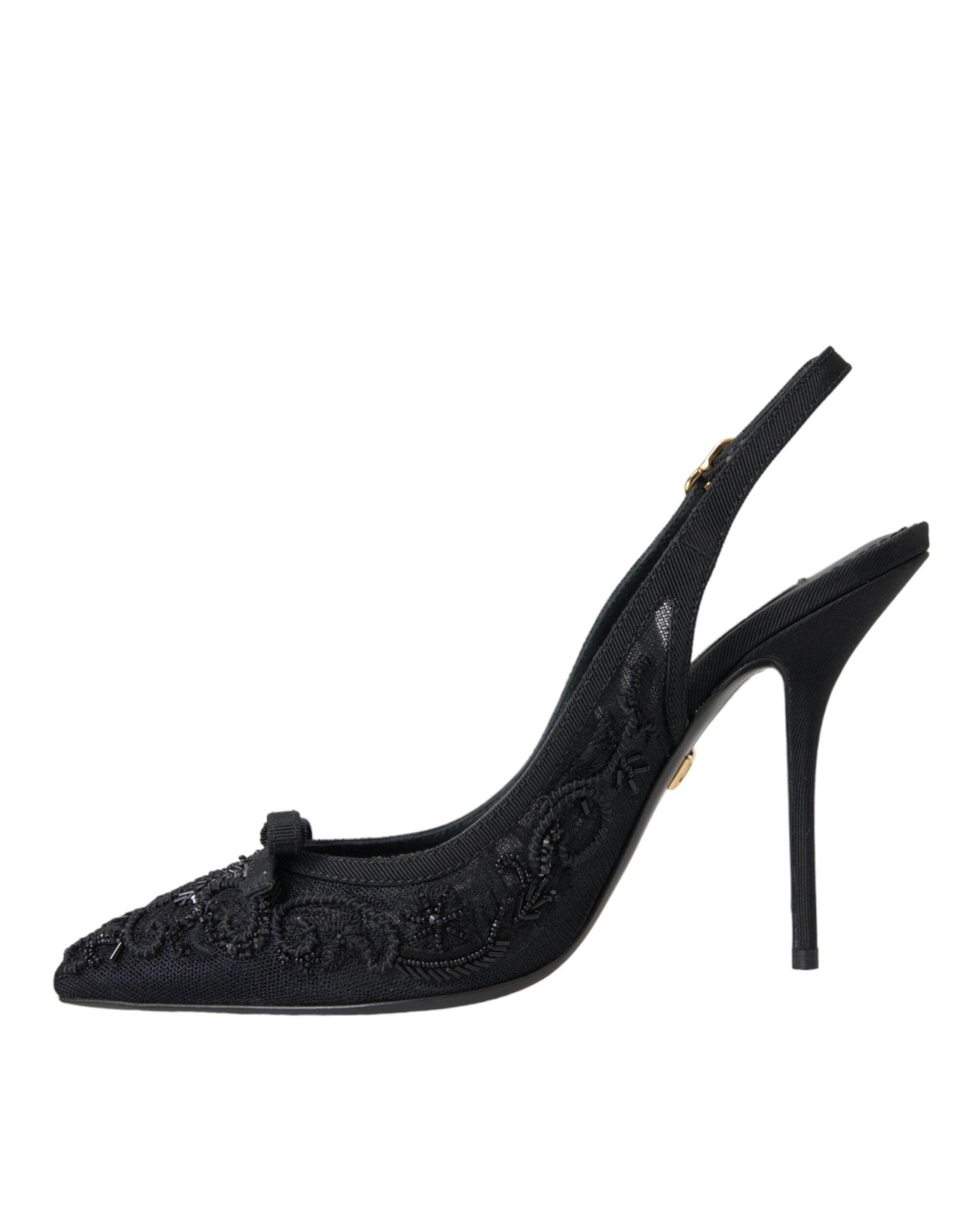 Dolce & Gabbana Black Tulle Ricamo Heels Slingbacks Shoes - Hilstor