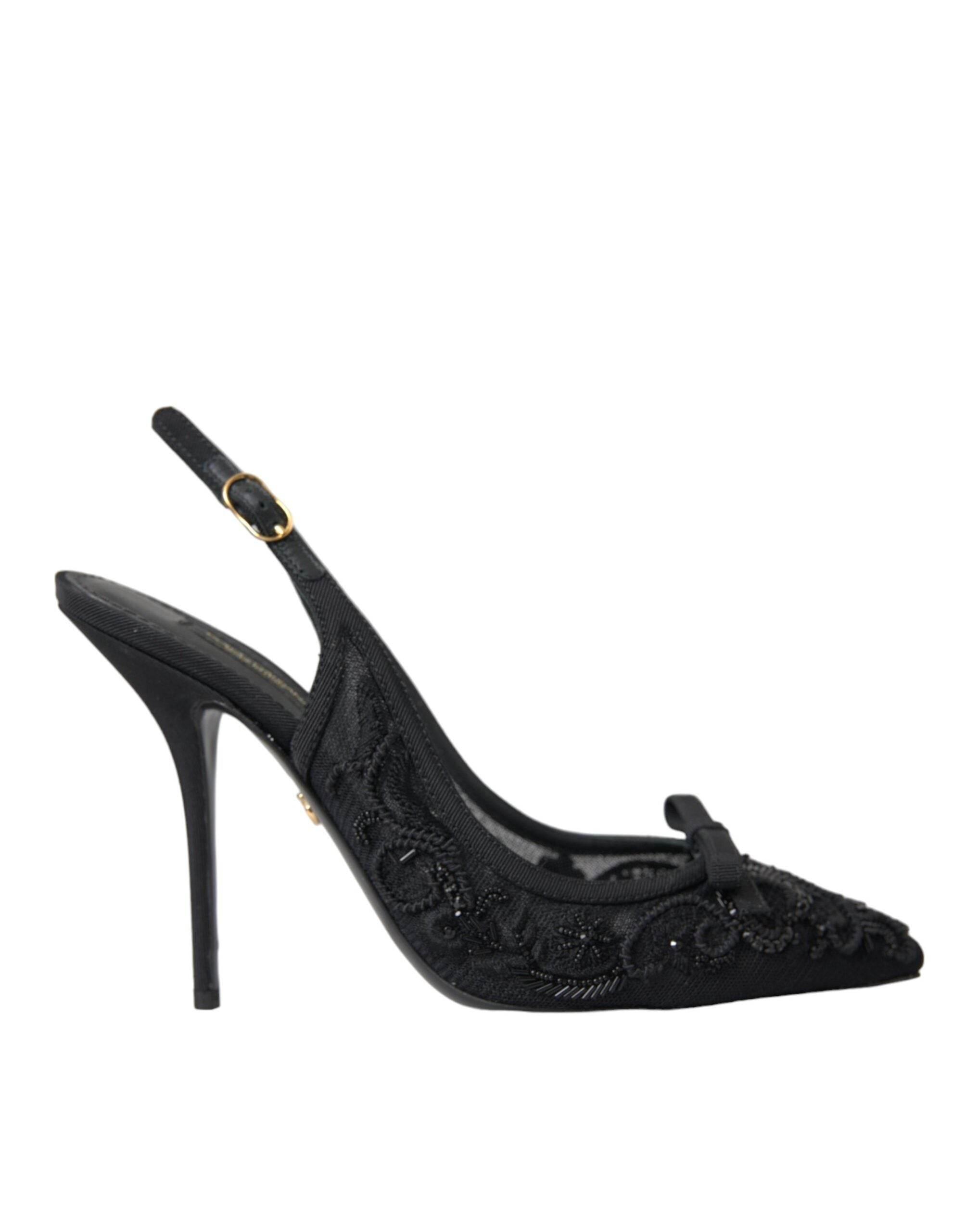 Dolce & Gabbana Black Tulle Ricamo Heels Slingbacks Shoes - Hilstor