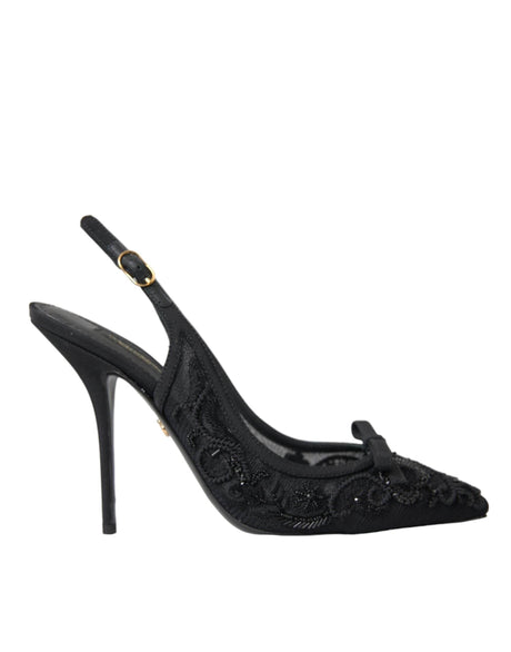 Dolce & Gabbana Black Tulle Ricamo Heels Slingbacks Shoes - Hilstor