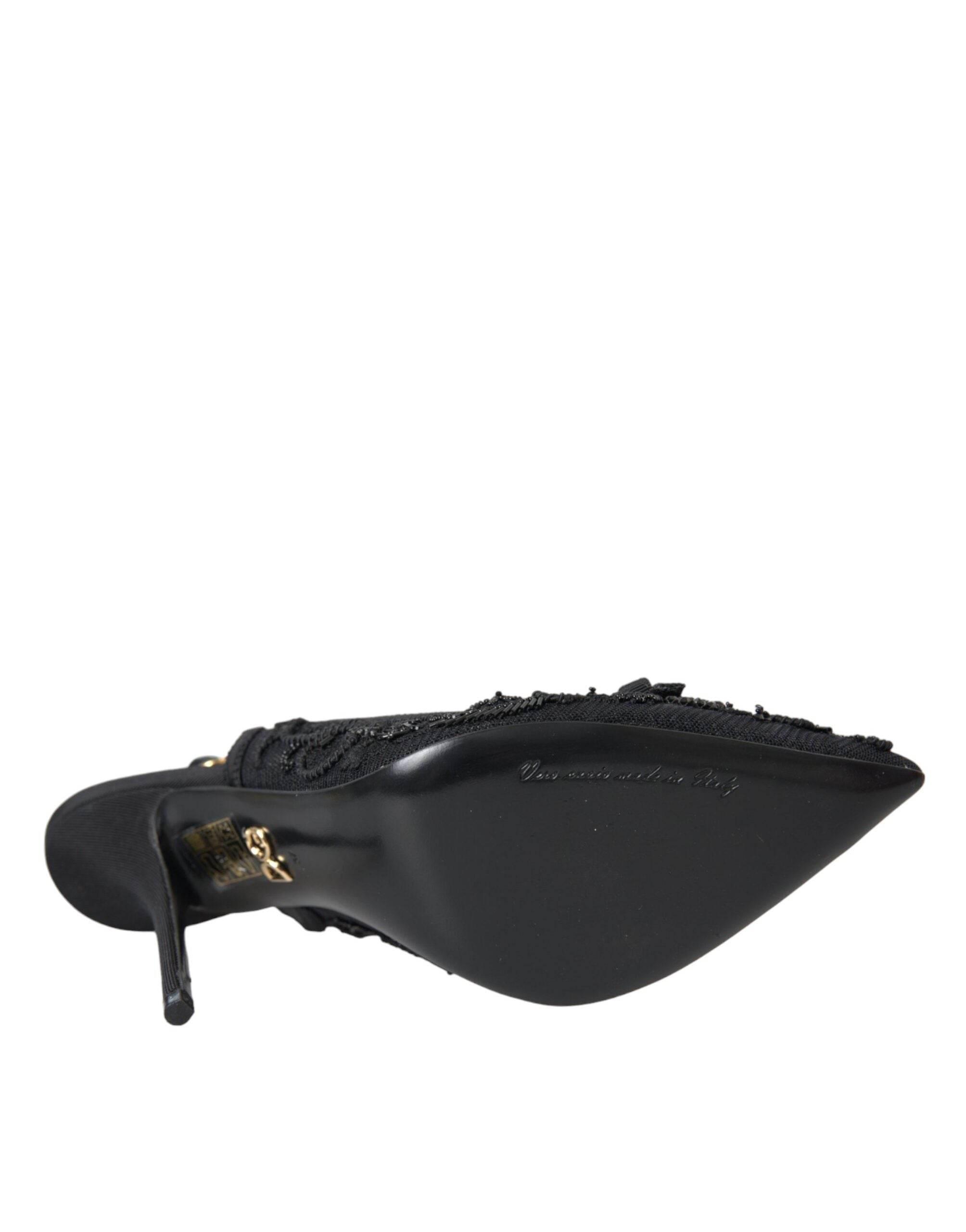 Dolce & Gabbana Black Tulle Ricamo Heels Slingbacks Shoes - Hilstor