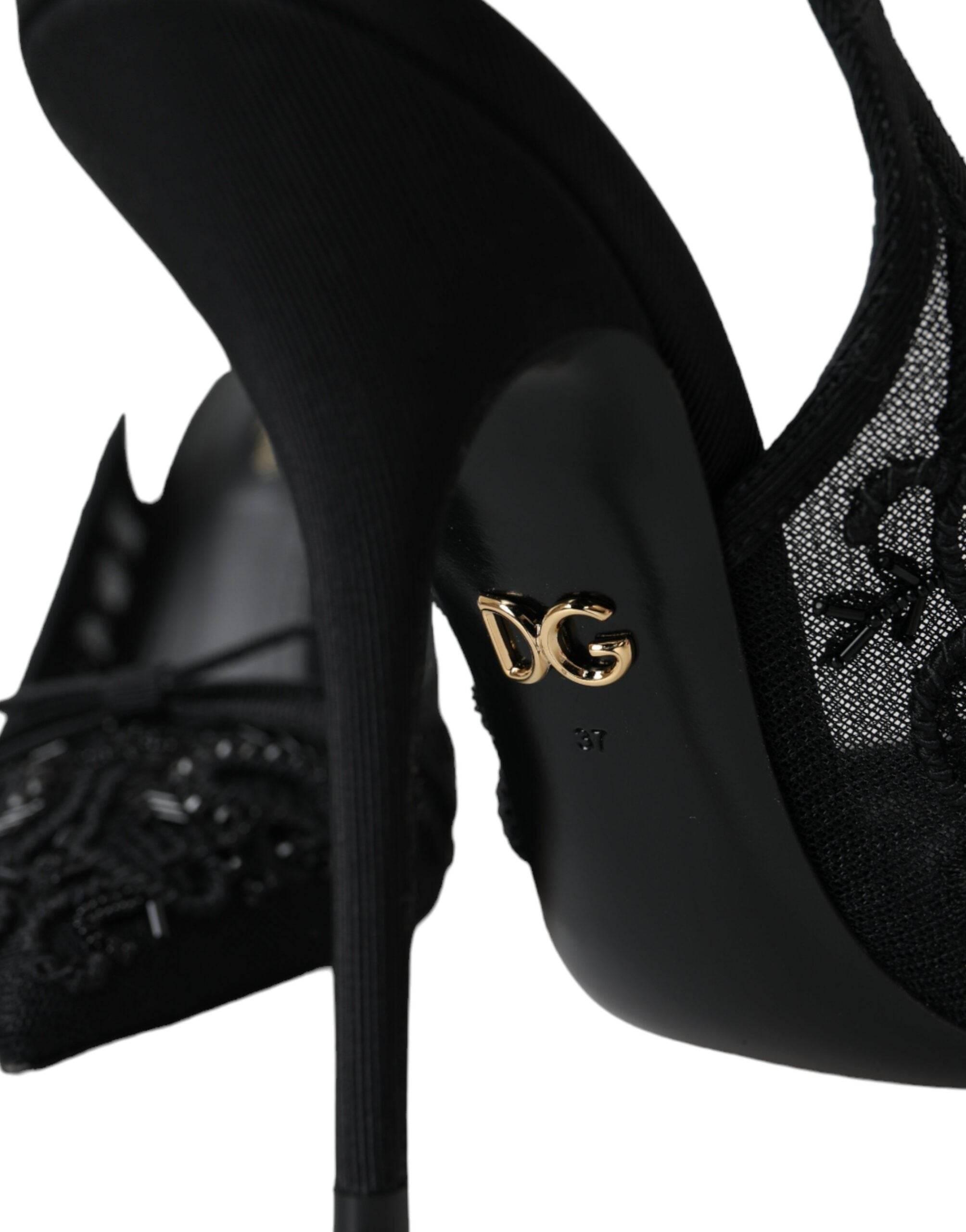 Dolce & Gabbana Black Tulle Ricamo Heels Slingbacks Shoes - Hilstor