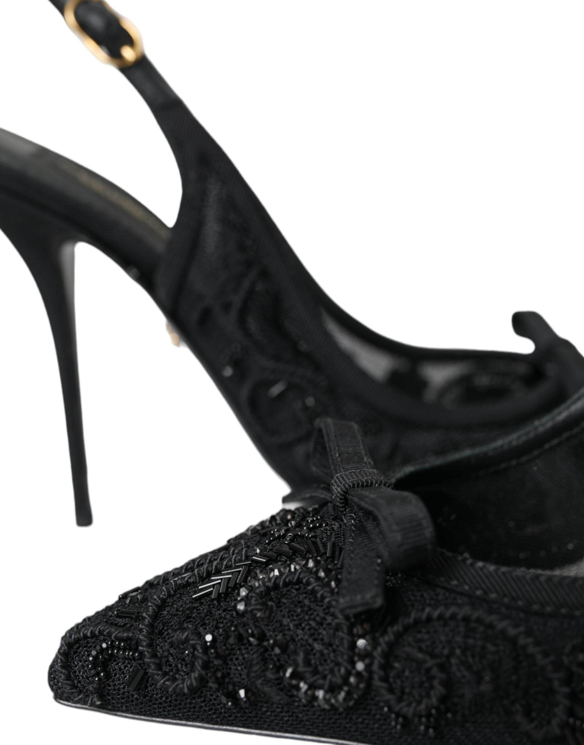 Dolce & Gabbana Black Tulle Ricamo Heels Slingbacks Shoes - Hilstor