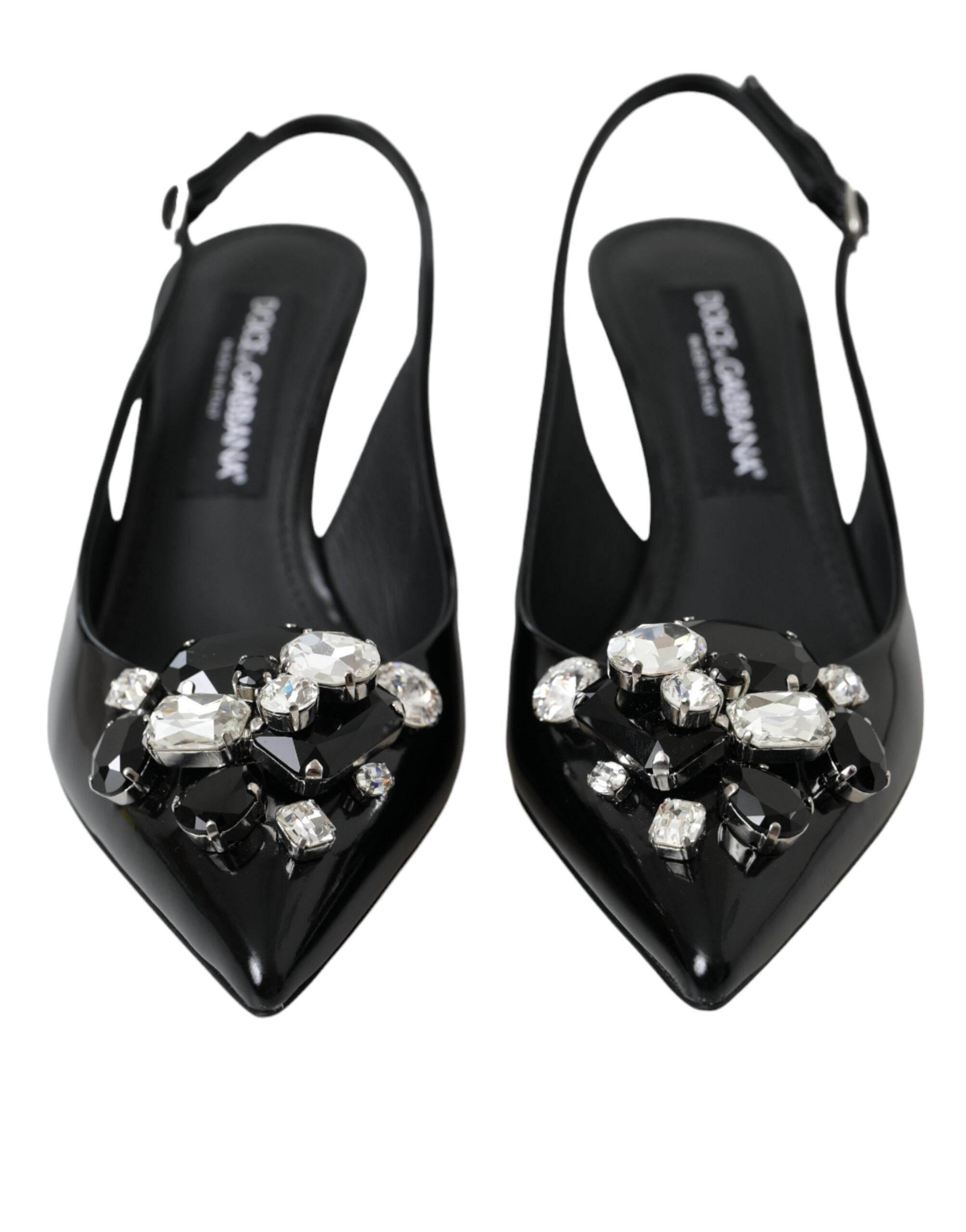 Dolce & Gabbana Black Patent Leather Crystal Slingback Shoes - Hilstor