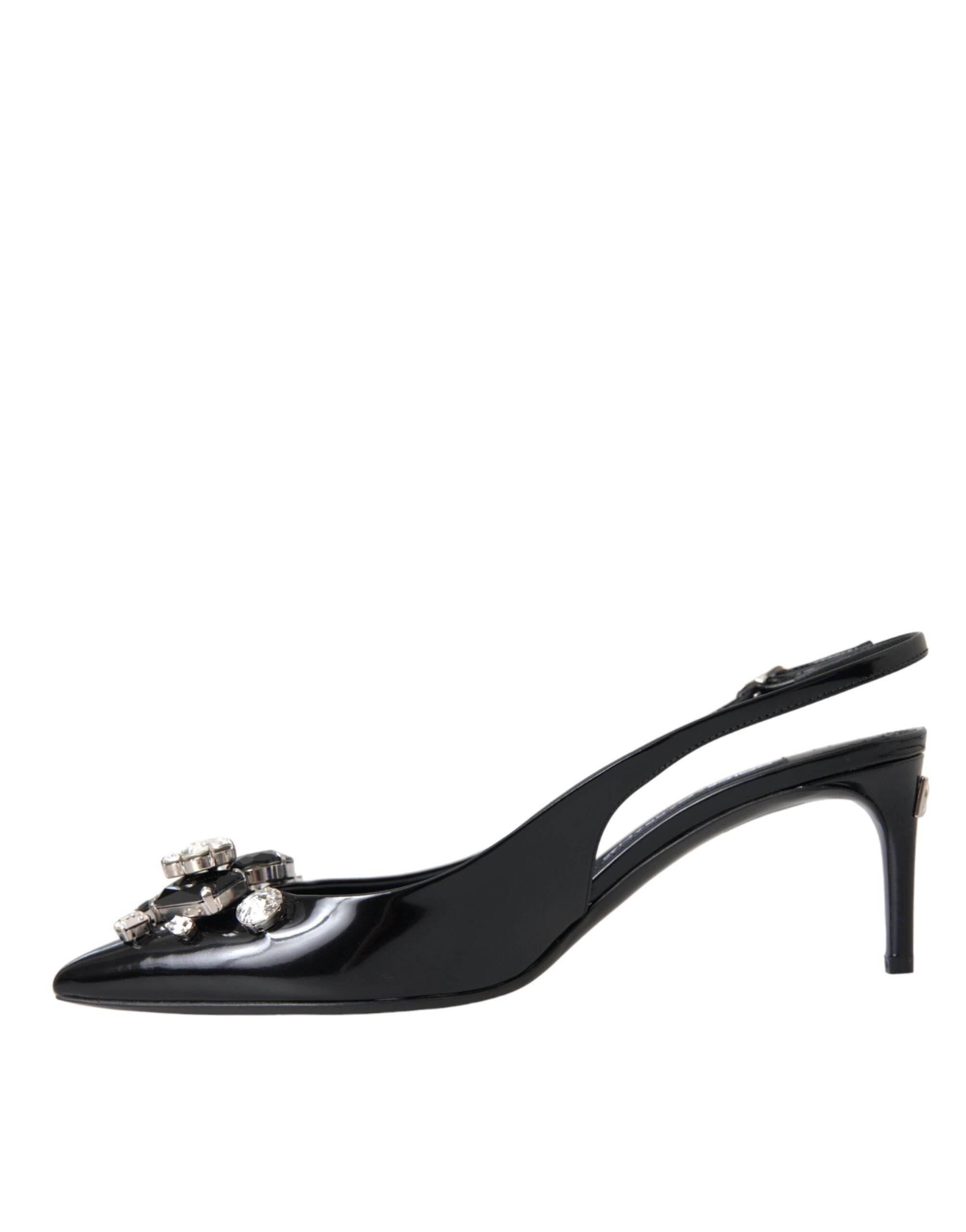 Dolce & Gabbana Black Patent Leather Crystal Slingback Shoes - Hilstor