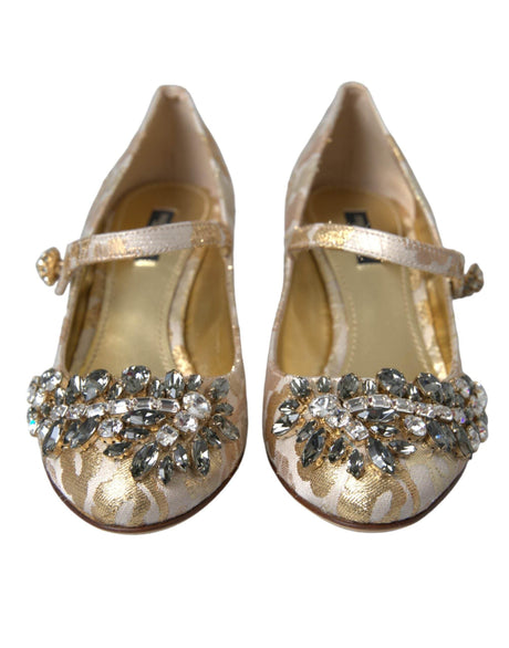 Dolce & Gabbana Gold Jacquard Crystal Mary Janes Pumps Shoes - Hilstor