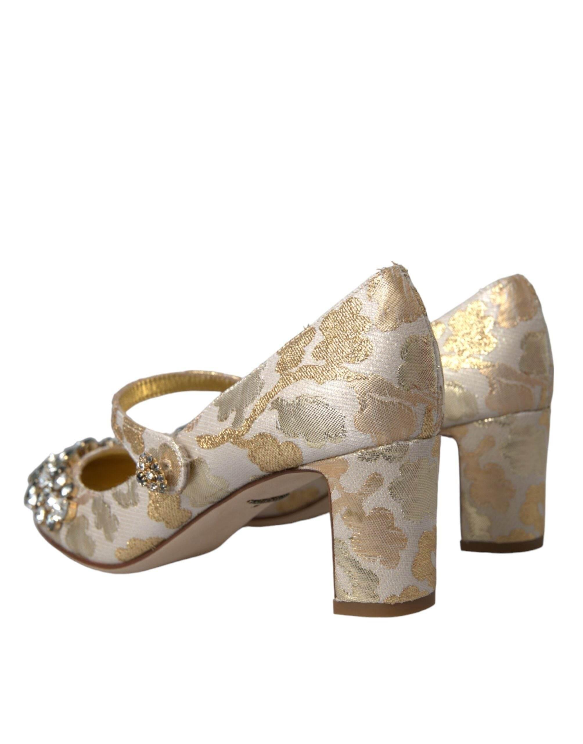 Dolce & Gabbana Gold Jacquard Crystal Mary Janes Pumps Shoes - Hilstor