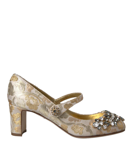 Dolce & Gabbana Gold Jacquard Crystal Mary Janes Pumps Shoes - Hilstor