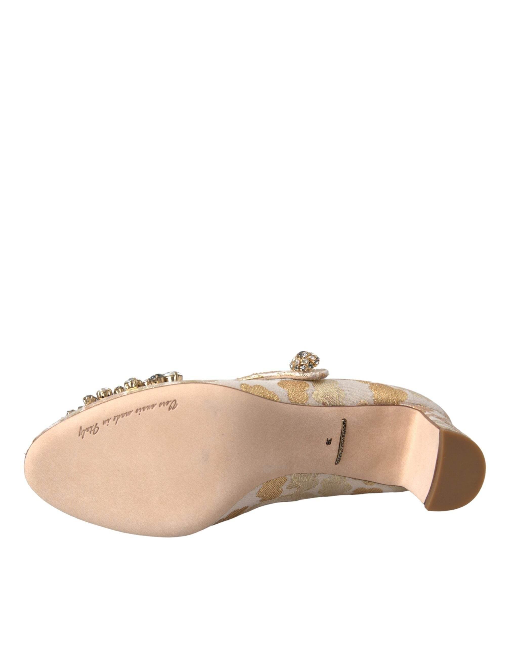 Dolce & Gabbana Gold Jacquard Crystal Mary Janes Pumps Shoes - Hilstor