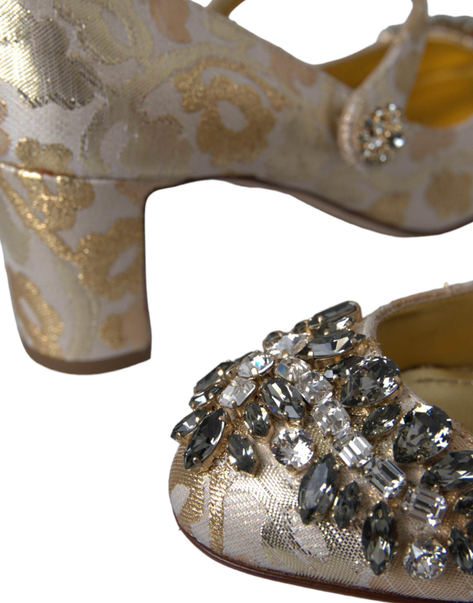 Dolce & Gabbana Gold Jacquard Crystal Mary Janes Pumps Shoes - Hilstor