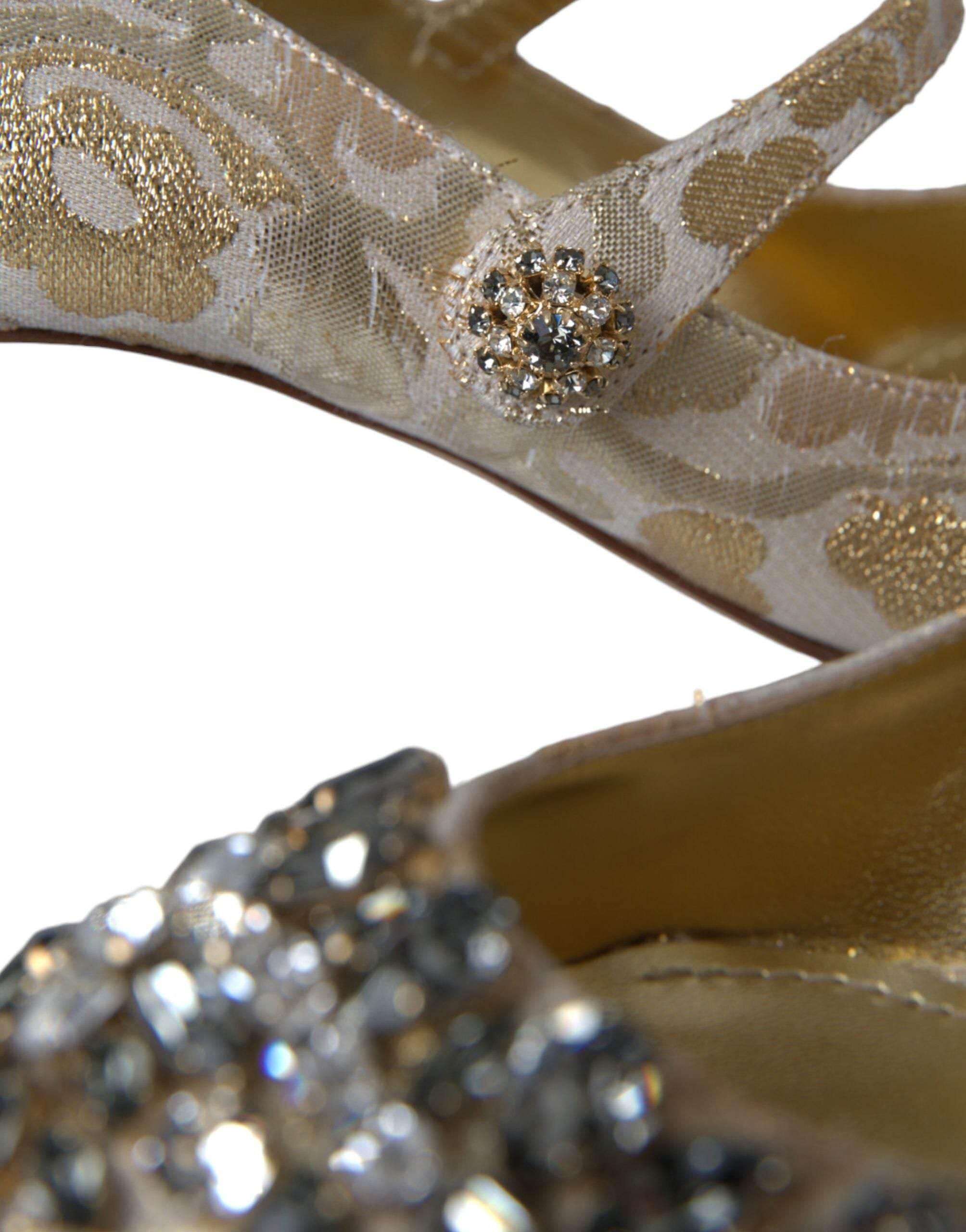 Dolce & Gabbana Gold Jacquard Crystal Mary Janes Pumps Shoes - Hilstor
