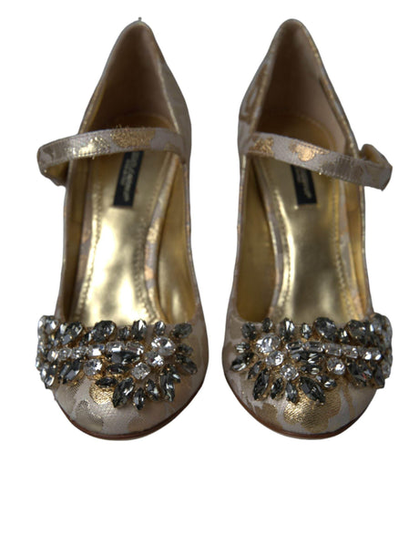 Dolce & Gabbana Gold Jacquard Crystal Mary Janes Pumps Shoes - Hilstor