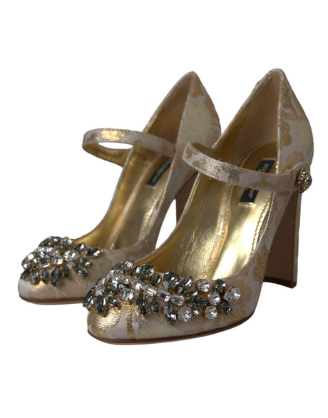 Dolce & Gabbana Gold Jacquard Crystal Mary Janes Pumps Shoes - Hilstor