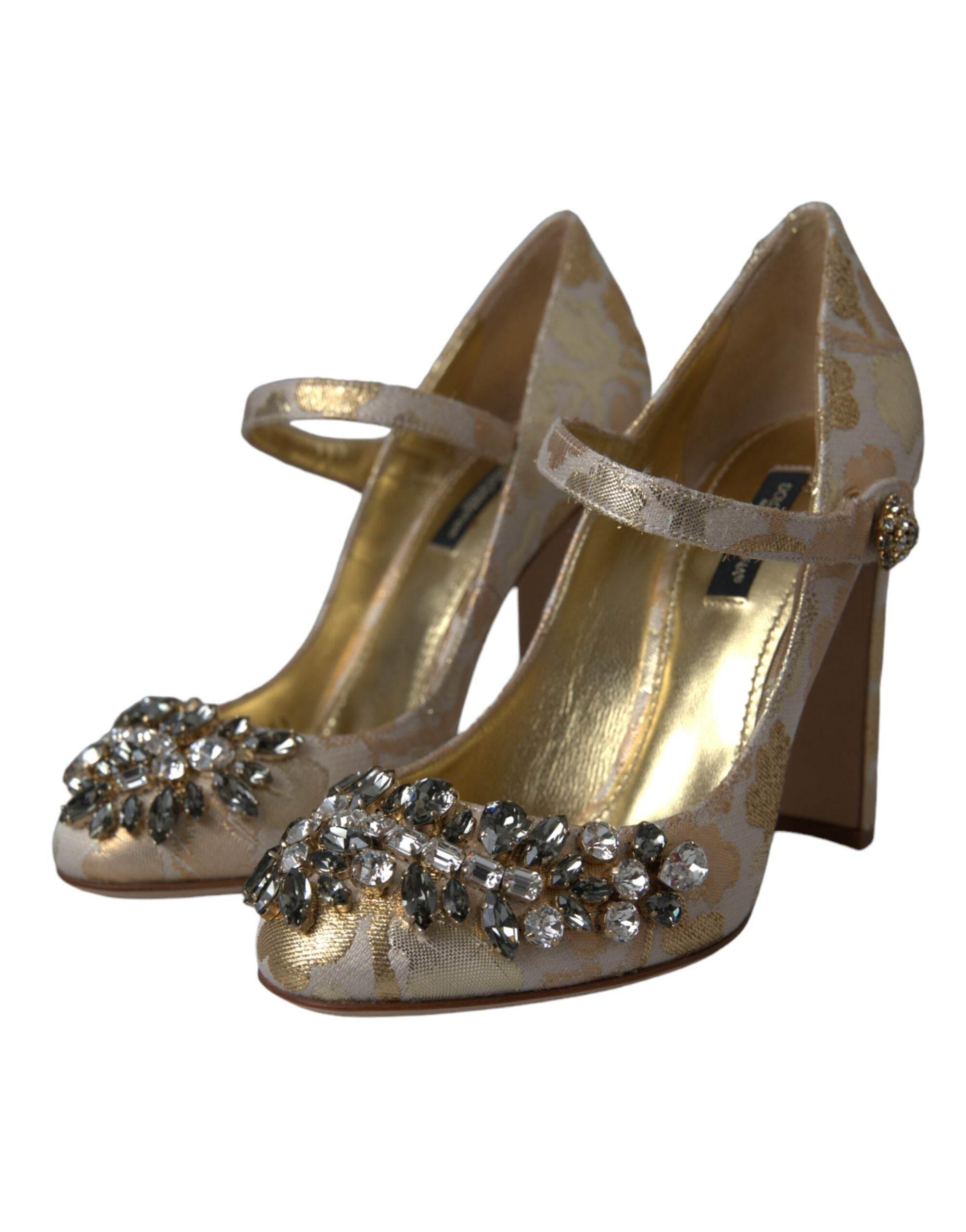 Dolce & Gabbana Gold Jacquard Crystal Mary Janes Pumps Shoes - Hilstor