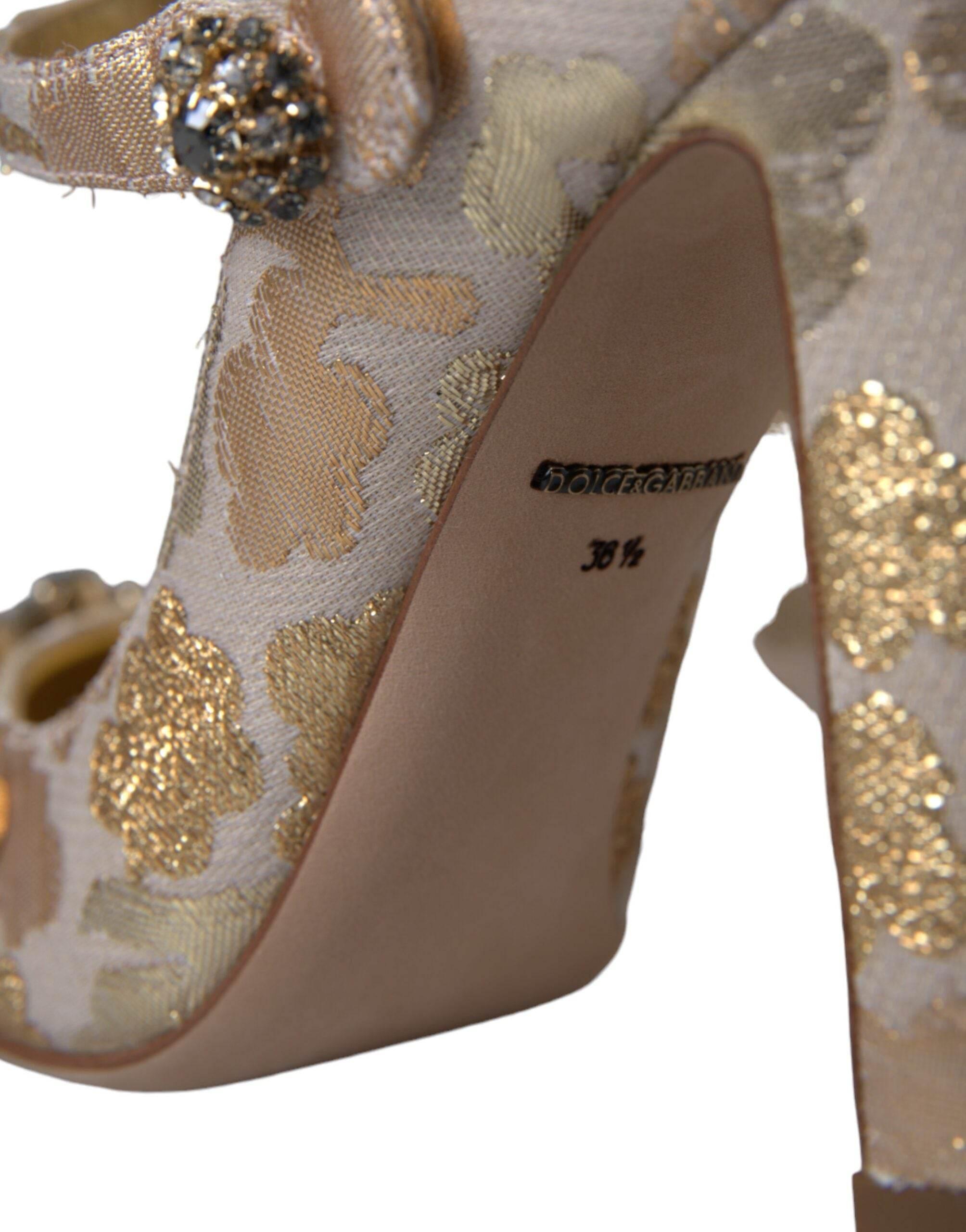Dolce & Gabbana Gold Jacquard Crystal Mary Janes Pumps Shoes - Hilstor