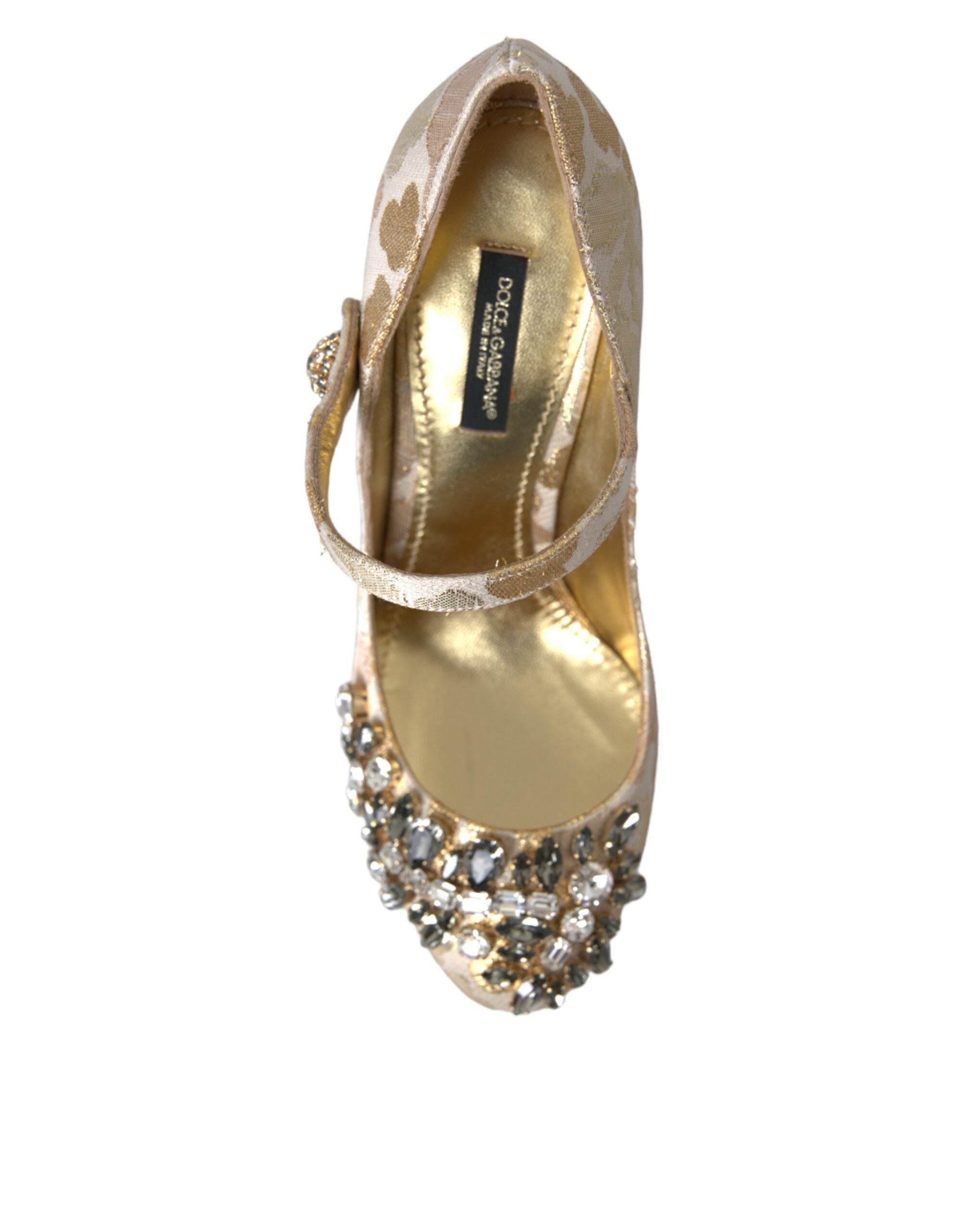 Dolce & Gabbana Gold Jacquard Crystal Mary Janes Pumps Shoes - Hilstor