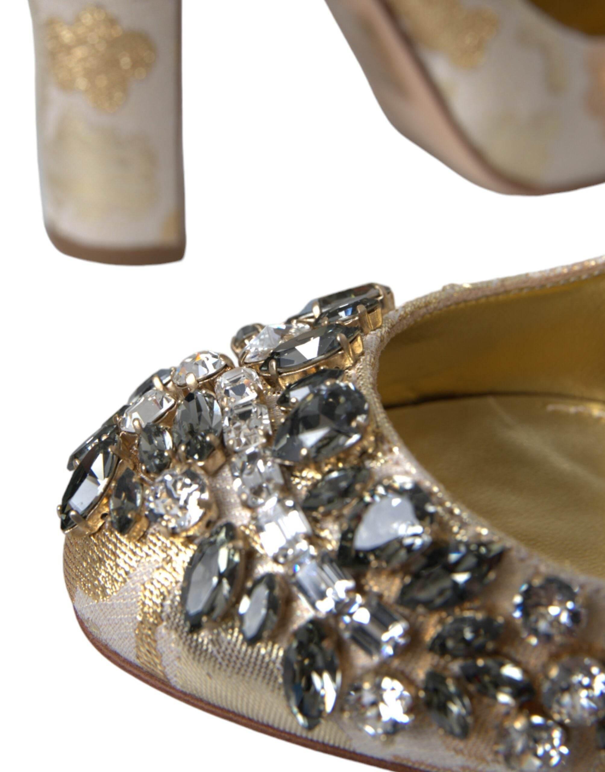 Dolce & Gabbana Gold Jacquard Crystal Mary Janes Pumps Shoes - Hilstor
