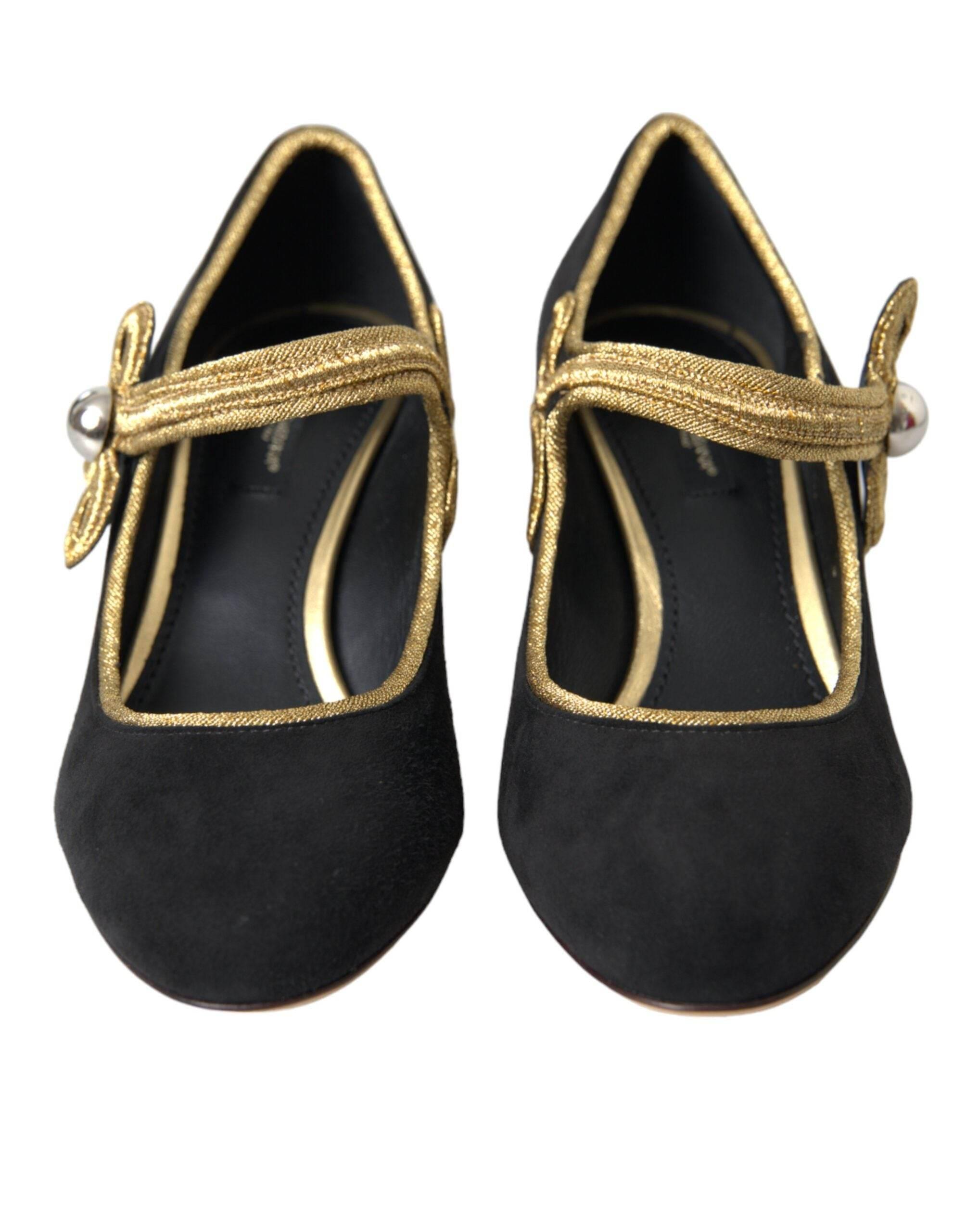 Dolce & Gabbana Black Suede Gold Mary Janes Heels Pumps Shoes - Hilstor