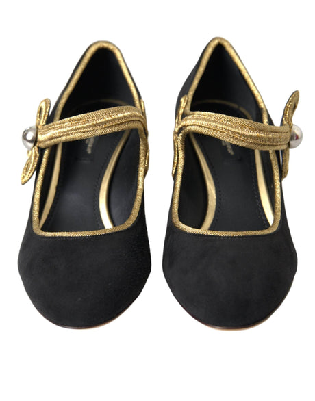 Dolce & Gabbana Black Suede Gold Mary Janes Heels Pumps Shoes - Hilstor